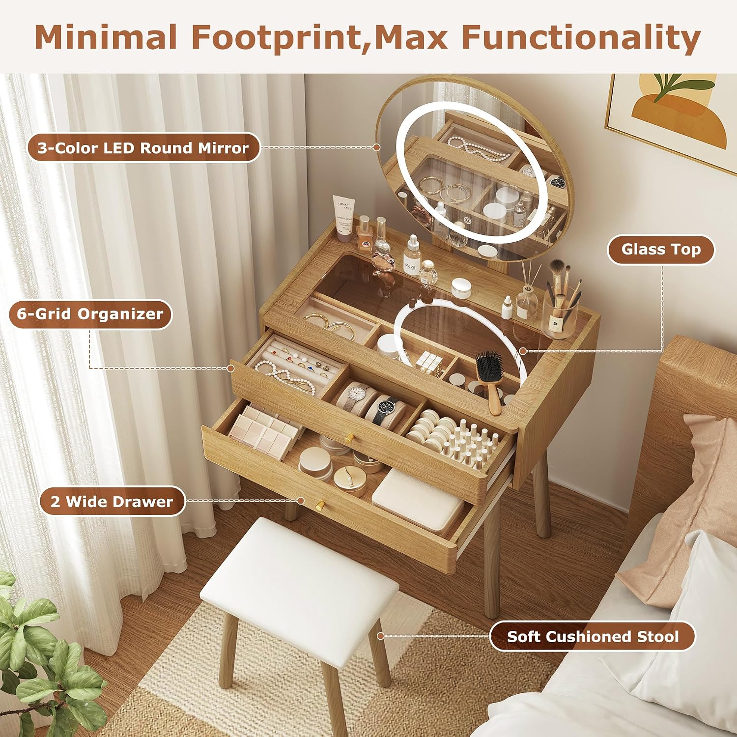 Glass Top Vanity Desk with Mirror and Lights, Small Makeup Table with Cushioned Stool, 2 Drawers Compact Vanity for Small Spaces with 6 Grid Organizer, 3 Lighting Modes, Natural Oak