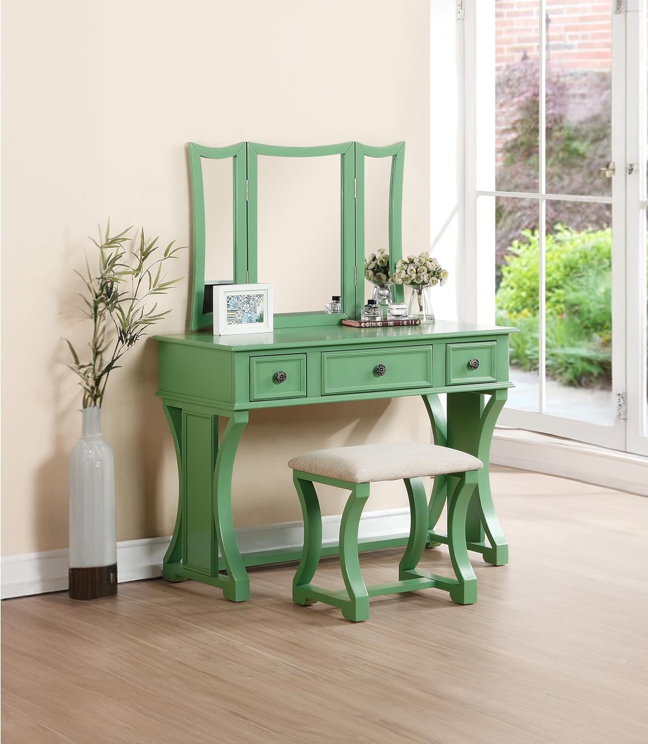 Poundex Bobkona Edna Vanity Set with Stool, Apple Green