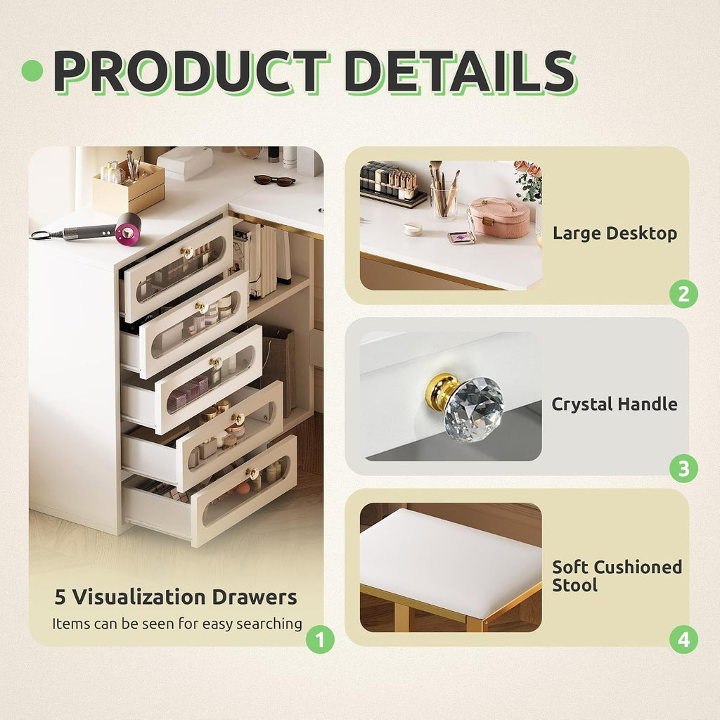 DWVO Vanity Desk with Light and Mirror, 3 Lighting Modes, L-Shaped Corner Vanity Table, 48' Large Dressing Table with 5 Tempered Glass Drawers with Open Storage Shelves