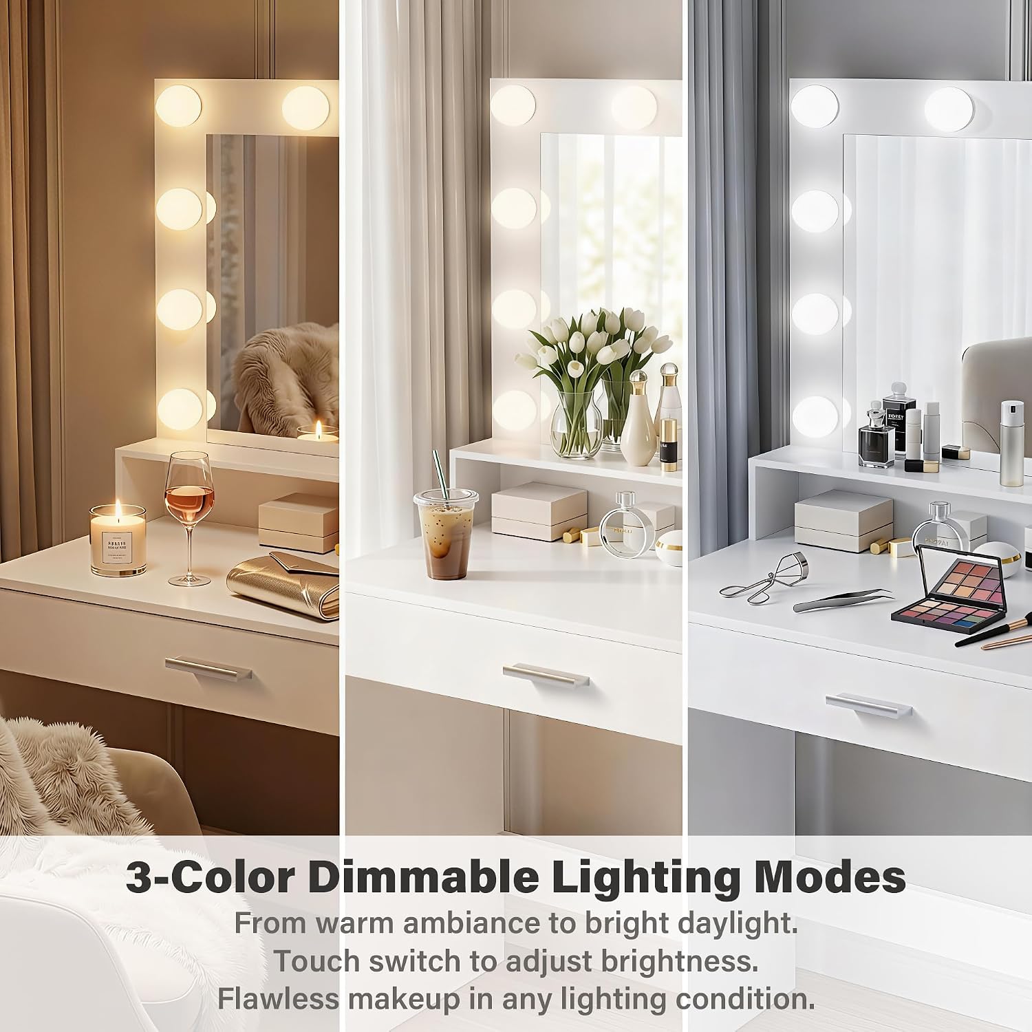 YESHOMY 39' Vanity Desk with Mirror & Lights, Makeup Vanity Table with Power Outlet & Storage Drawers, 3 Color LED Lighting, Dressing Table for Bedroom,Snow White