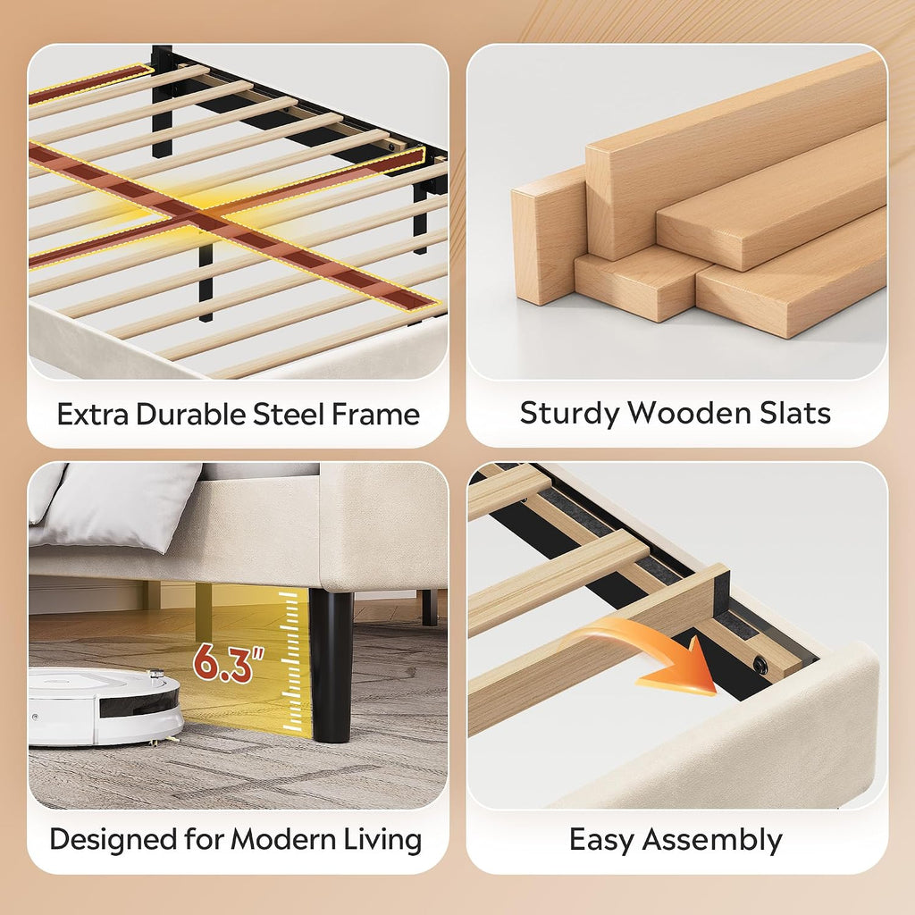 WLIVE Upholstered Bed Frame, Queen Bed Frame with Headboard, Platform Bed with Wood Slats, 1500LBS Mattress Foundation, No Box Spring Needed, Easy Assembly, Velvet Beige