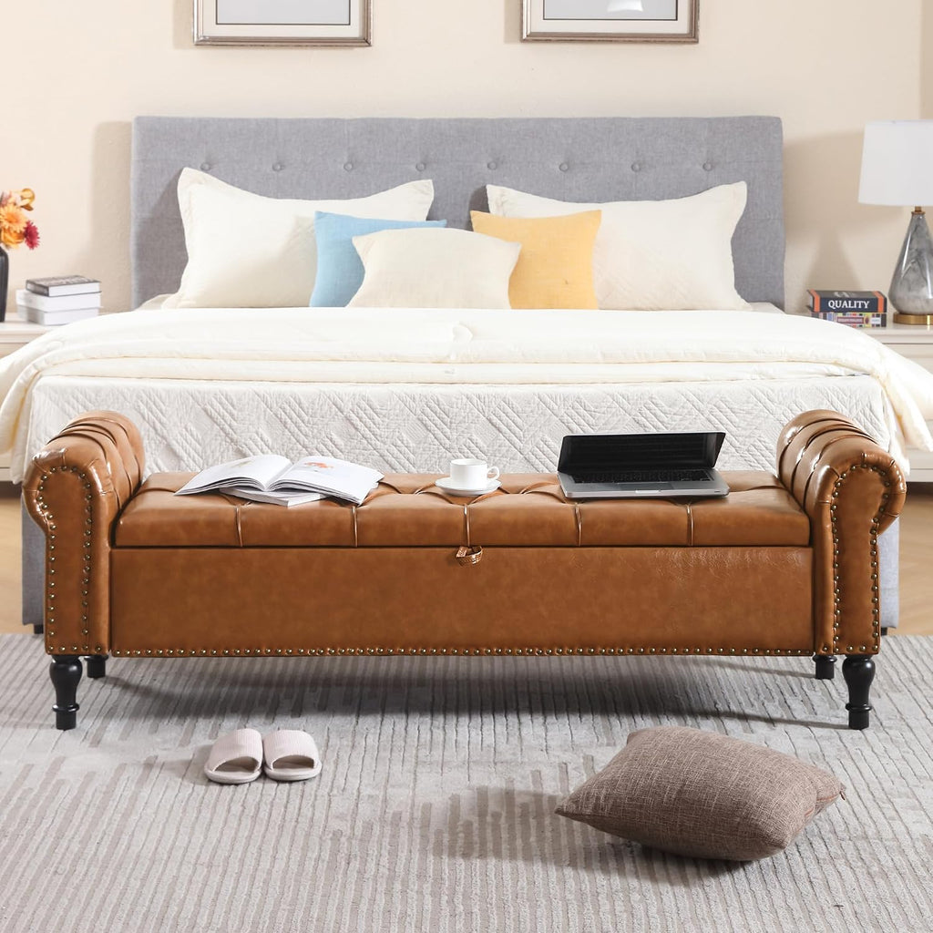 Faux Leather Storage Bench for Bed Room 67 Inch Upholstered Tufted Ottoman Bench with Arms King Size Large Storage Space End of Bed Benches for Bedroom Living Room Entryway Brown