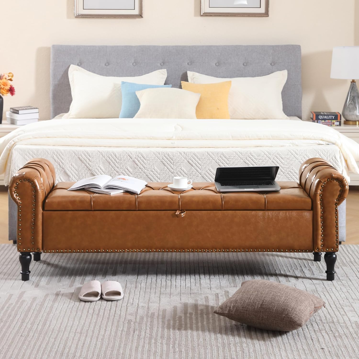 Faux Leather Storage Bench for Bed Room 67 Inch Upholstered Tufted Ottoman Bench with Arms King Size Large Storage Space End of Bed Benches for Bedroom Living Room Entryway Brown