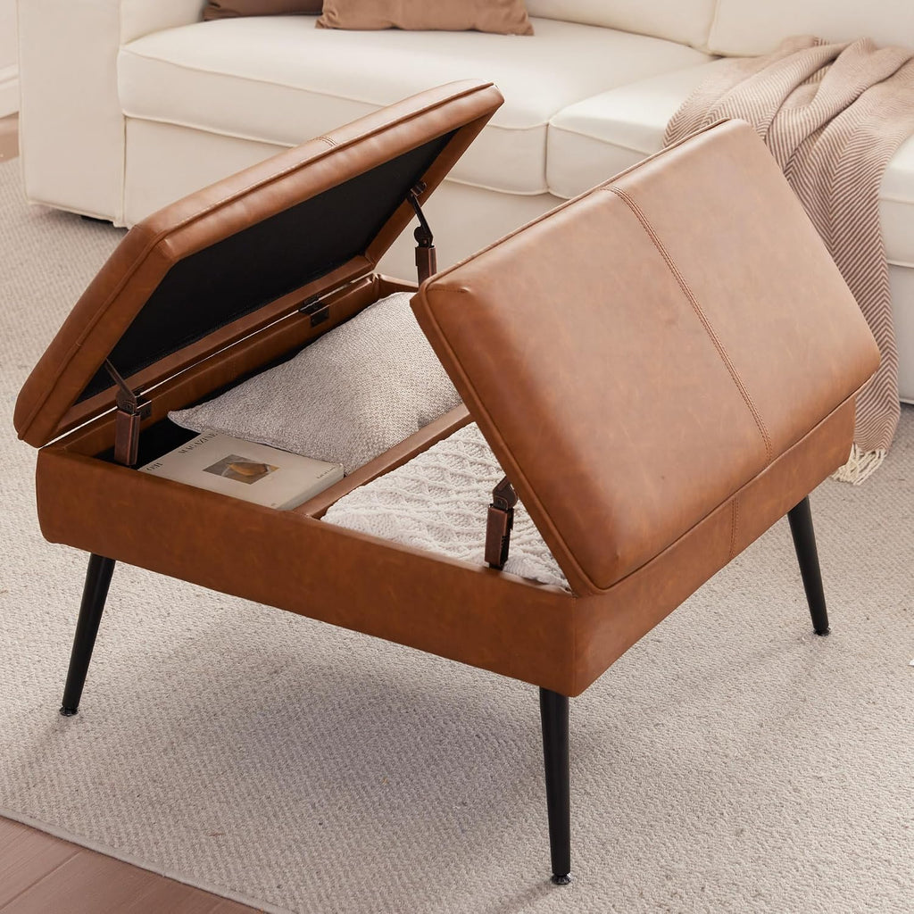 Square Ottoman with Storage, Large Oversized Ottoman Coffee Table, Double Flipping Lid & Mid-Century Modern & Faux Leather Style, Loads 660 lb, for Living Room, Bedroom, Entryway, Cognac Brown