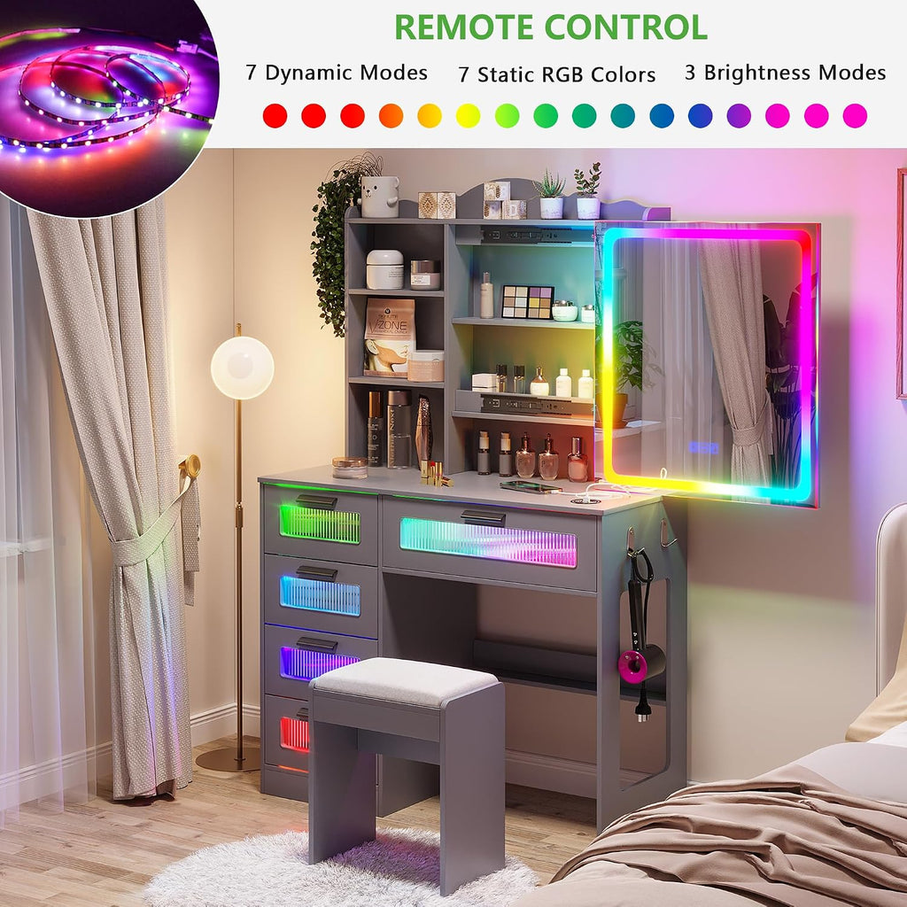 HNEBC Vanity Desk with Sliding Mirror and LED Lights, RGB Vanitys with Charging Station, Makeup Vanitys with Remote Control, White Dresser with Stool/Lager Drawers for Bedroom (Grey)