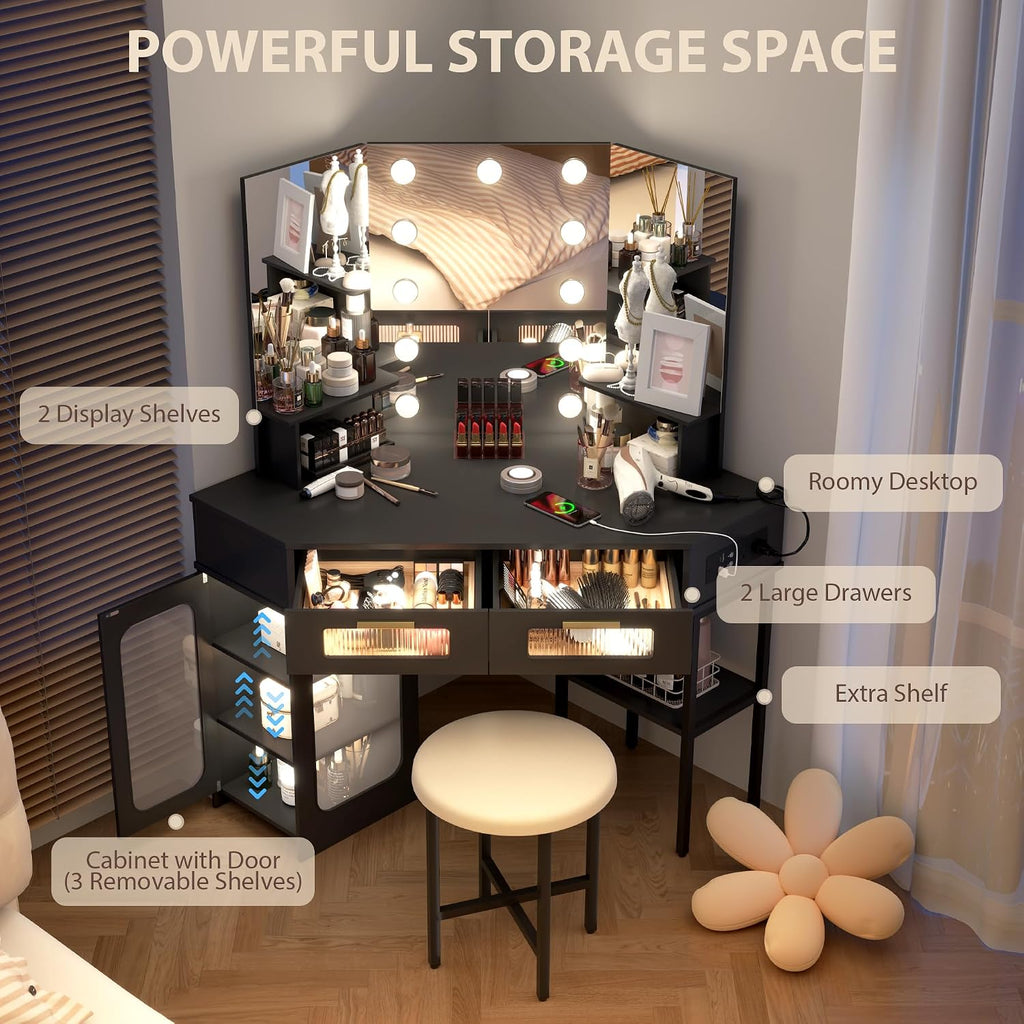 Lareth Corner Vanity Desk with 3 Way Mirror and Lights, Modern Makeup Vanity with Charging Station, Stool, 45.5' Large Bedroom Dressing Table with 2 Drawers & Shelves, Gifts for Girls Women, Black