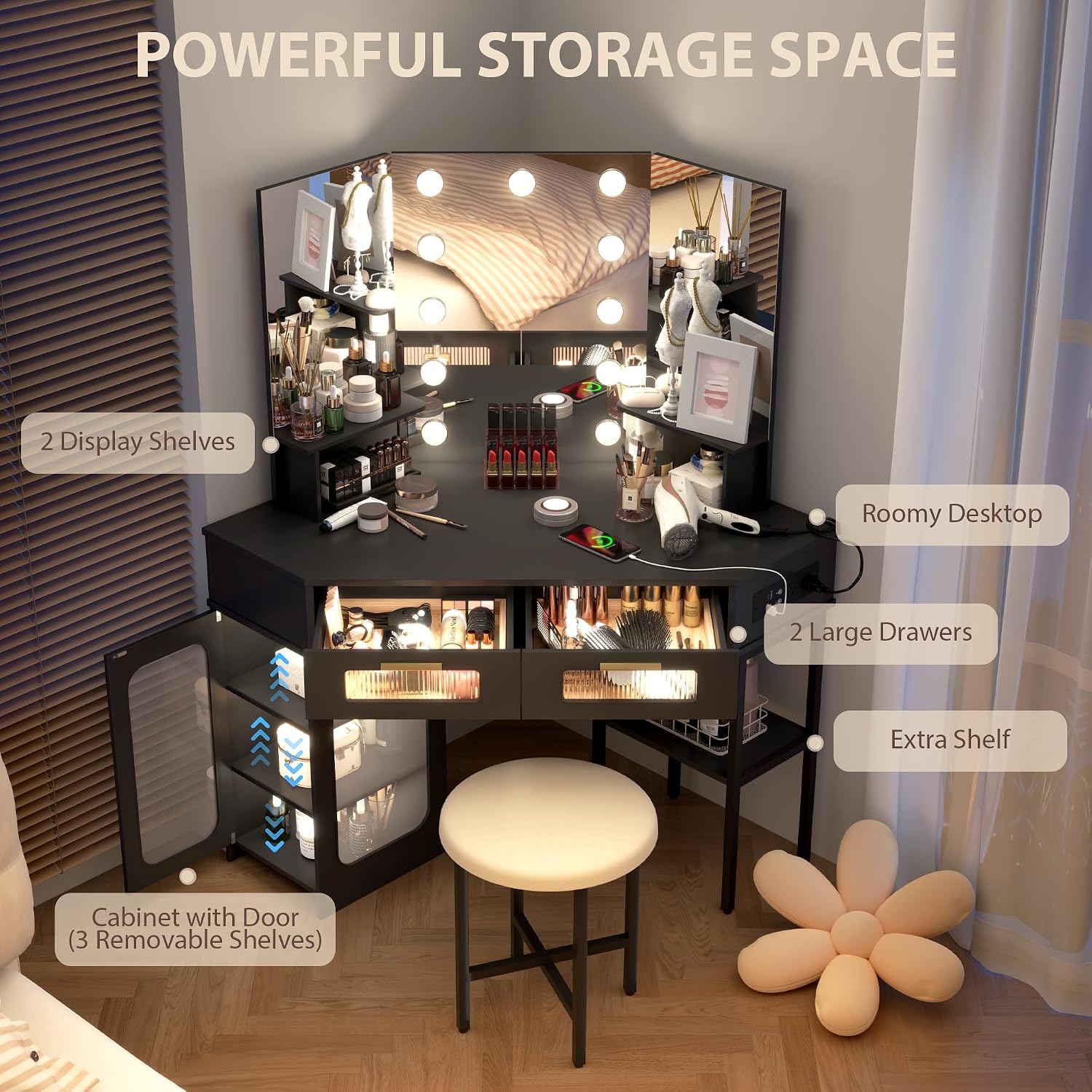 Lareth Corner Vanity Desk with 3 Way Mirror and Lights, Modern Makeup Vanity with Charging Station, Stool, 45.5' Large Bedroom Dressing Table with 2 Drawers & Shelves, Gifts for Girls Women, Black
