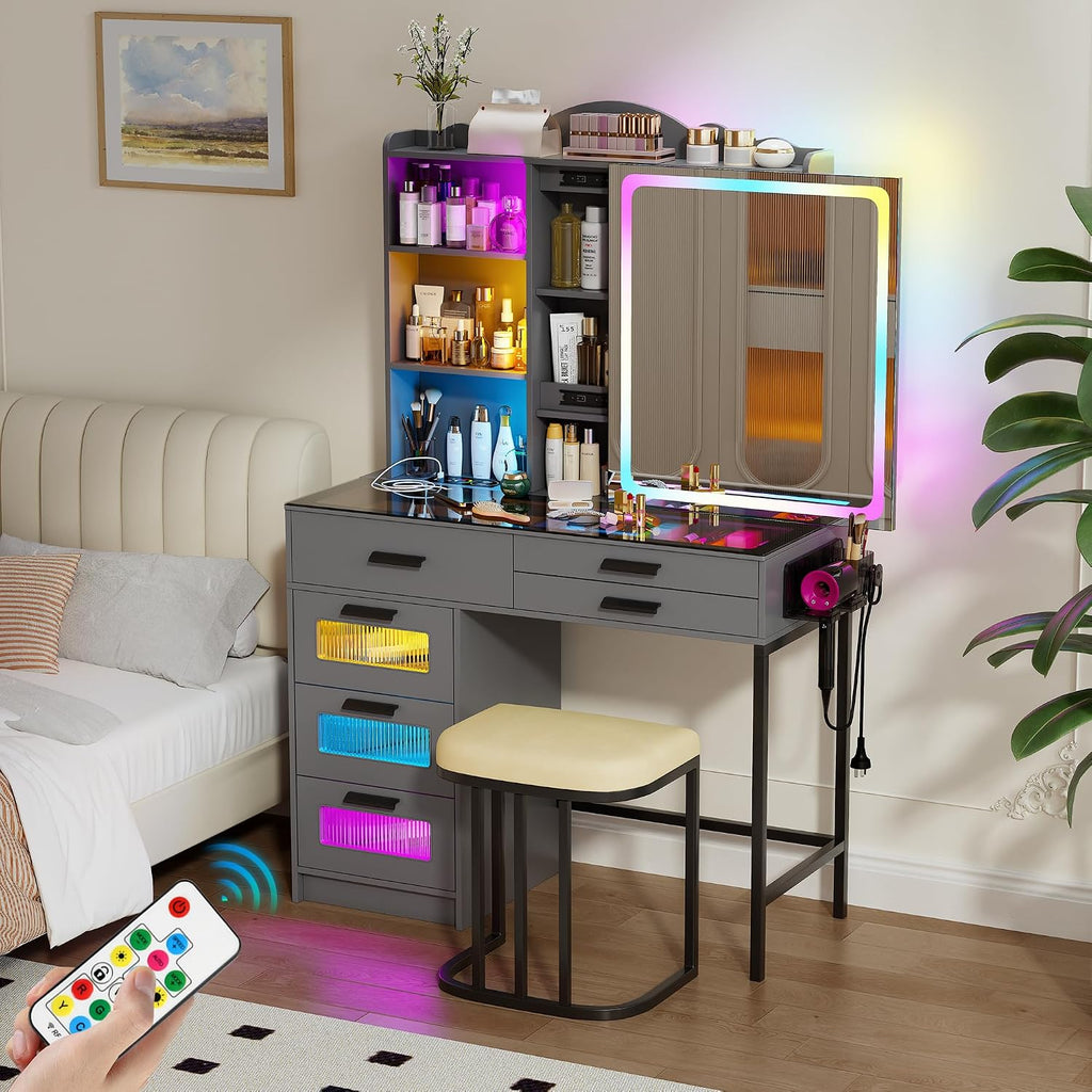 RGB Vanity Desk with Sliding Mirror and Lights,Makeup Vanity with Charging Station,LED Vanity Table with Glass Top,Girls Vanities Dressing Table Set with Stool&6 Drawers for Bedroom(Grey)