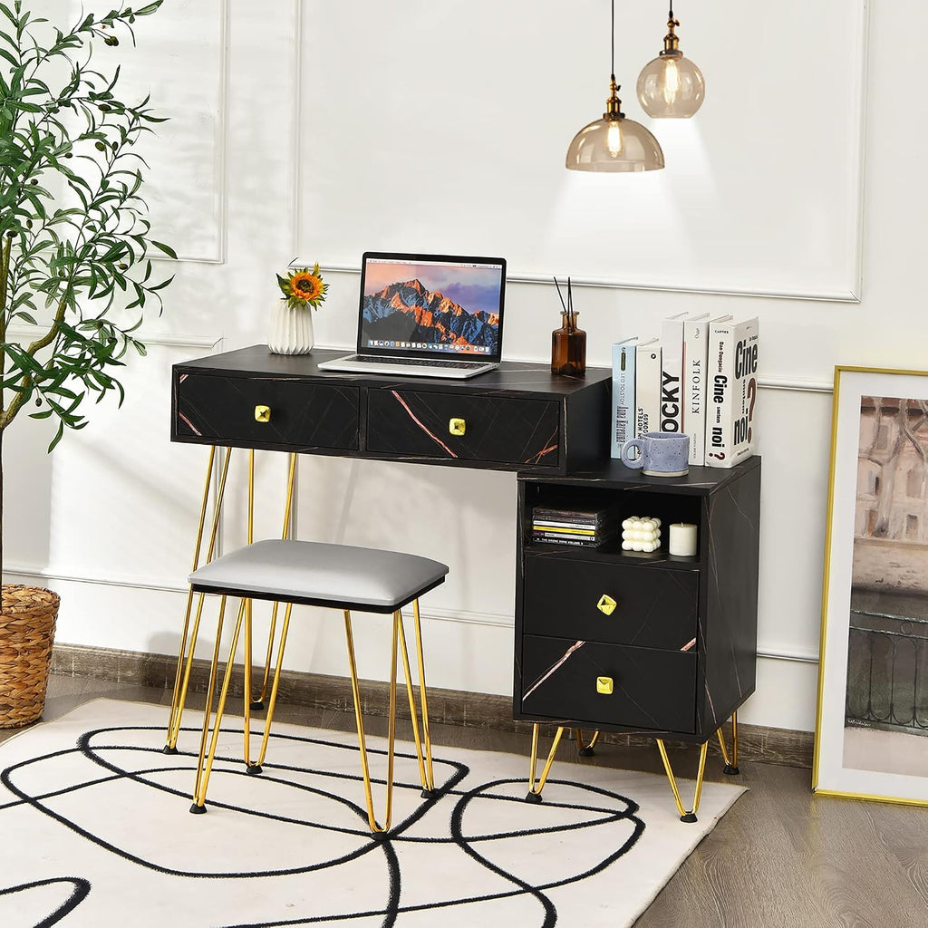 DORTALA Vanity Set, Wooden Makeup Dressing Table with 3 Colors Lighted Mirror & Stool, Left or Right Side Cabinet, Lipstick Storage Box, Large Storage Drawers, Bedroom Vanity Desk Set for Girls, Black