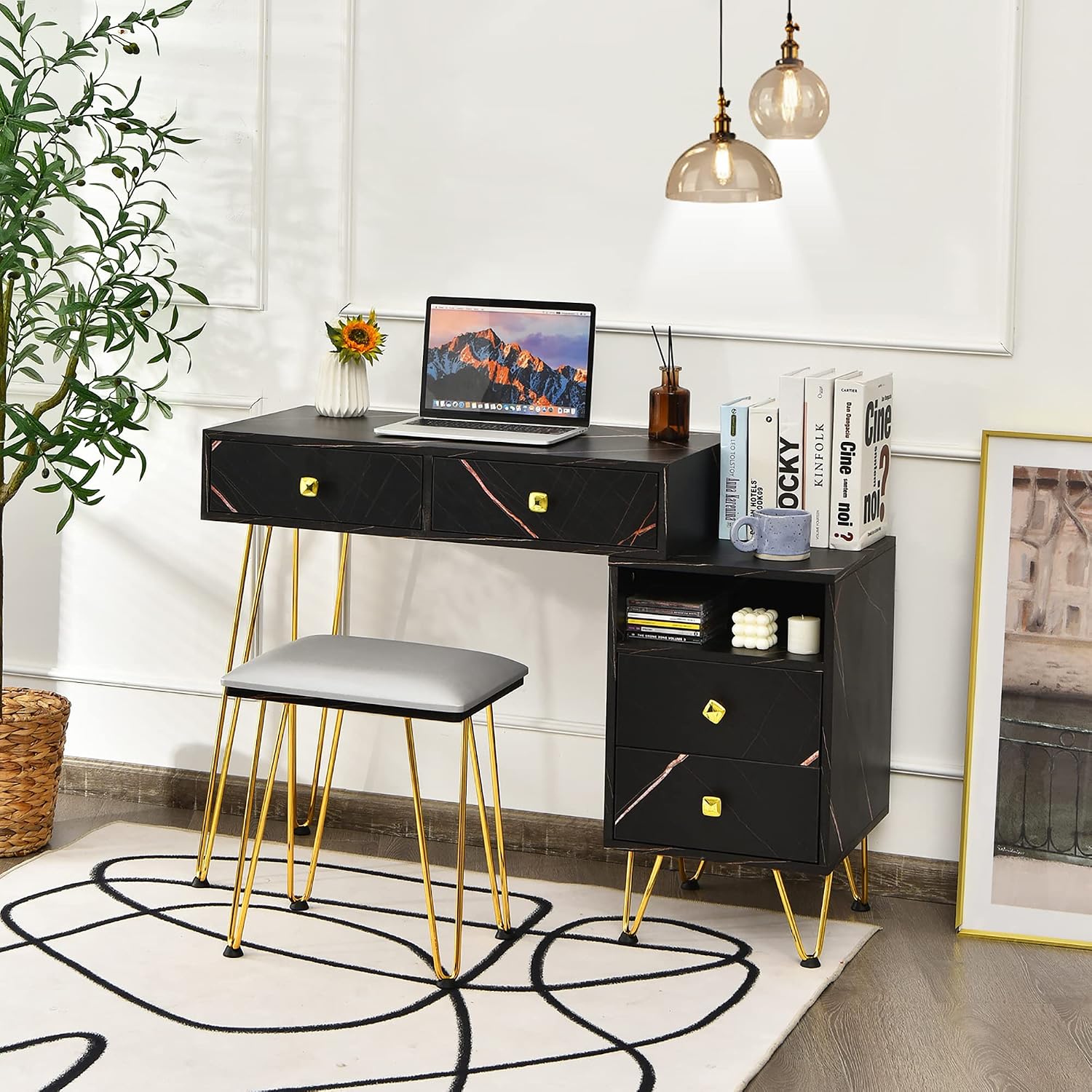 DORTALA Vanity Set, Wooden Makeup Dressing Table with 3 Colors Lighted Mirror & Stool, Left or Right Side Cabinet, Lipstick Storage Box, Large Storage Drawers, Bedroom Vanity Desk Set for Girls, Black