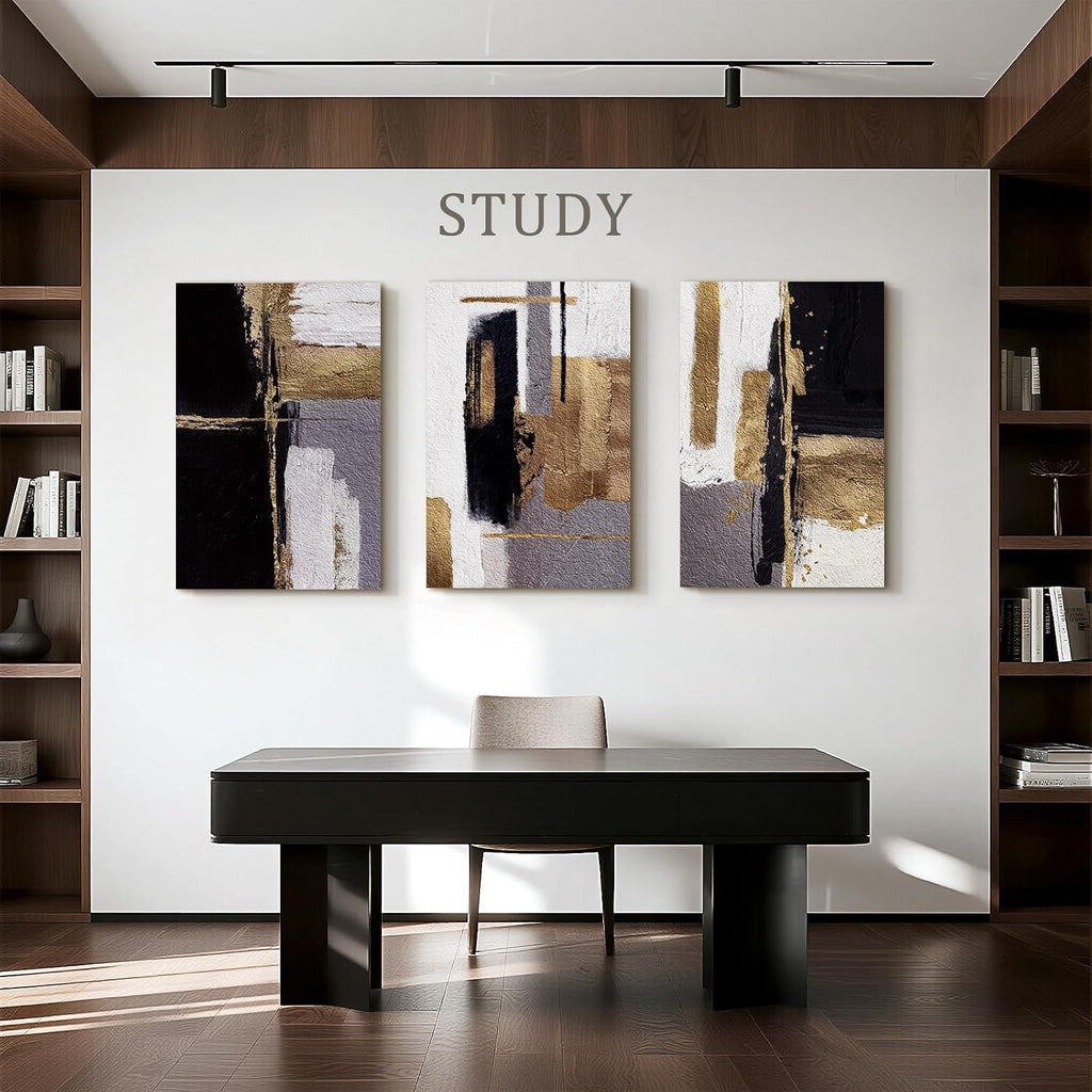 Bzstyleart Large Abstract Wall Art for Living Room, 3 Piece Modern Textured Wall Art Minimalist Painting Picture Print for Hallway Office Bedroom, Neutral Abstract Artwork, Black & Gold, 24 x 36 Inch