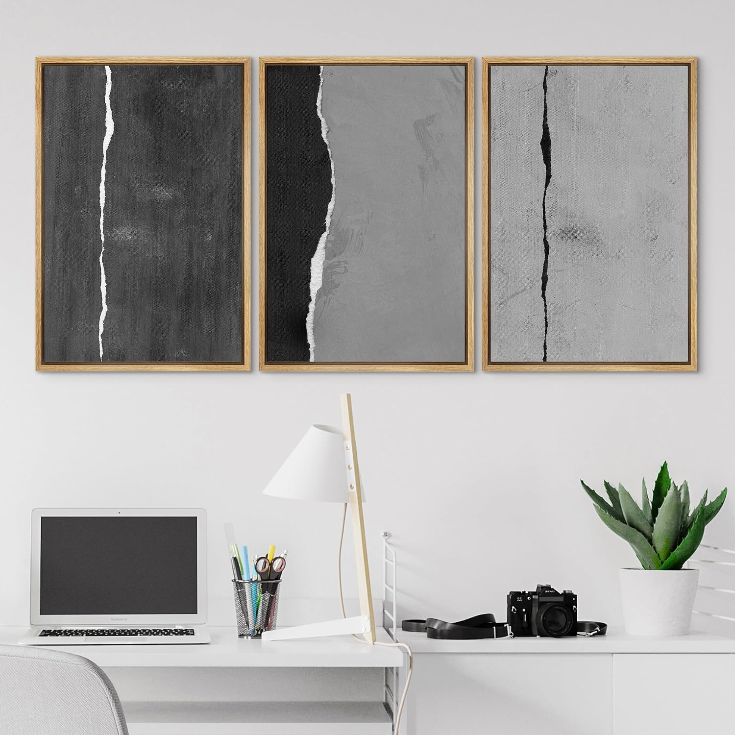 SIGNLEADER Framed Canvas Print Wall Art Set Black and White Torn Minimalist Grunge Illustrations Minimal Decorative Bohemian Nordic for Living Room, Bedroom, Office - 16'x24'x3 NATURAL