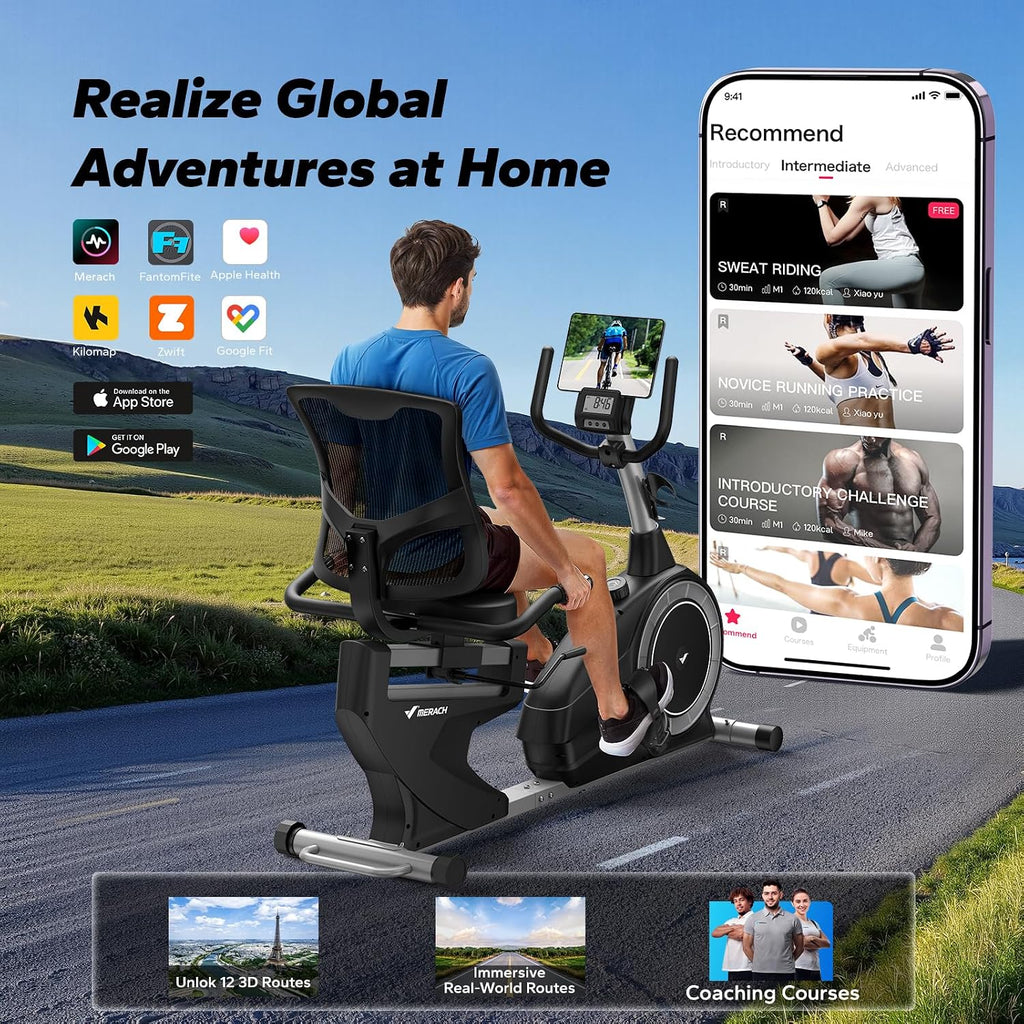 MERACH Recumbent Exercise Bikes for home, Light Commercial High-end Recumbent Bike for Seniors Adults, Magnetic Recumbent Exercise Bike with Smart Bluetooth and Exclusive App, LCD, Heart Rate Handle