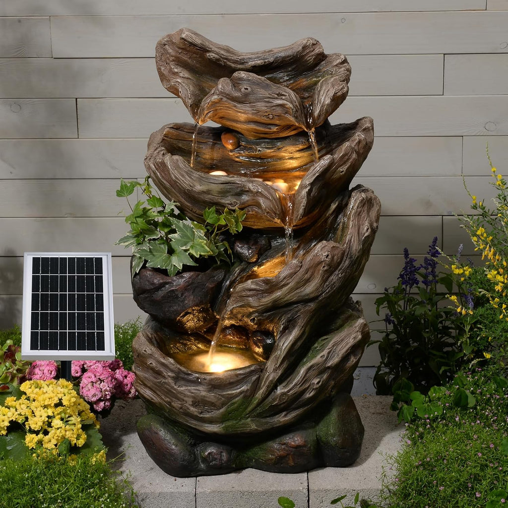 Solar Water Fountain Outdoor, 27' H 4-Tier Realistic Tree Trunk Cascading Waterfall with 4000mAh Battery Backup & 3000K LED Lights, IP64 Weatherproof Resin Fountain for Garden, Patio, Deck Decor