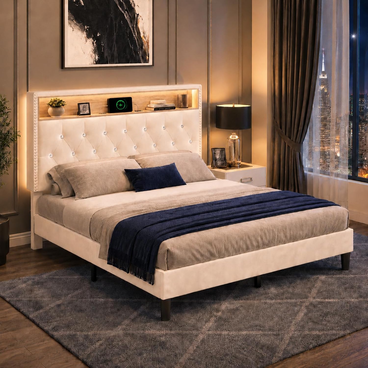 HOMBCK Bed Frame Queen Size with Headboard, Velvet Upholstered Queen LED Bed Frame with Charging Station and Storage, Modern Diamond and Rivet Design, No Box Spring Needed, Easy Assembly, Beige