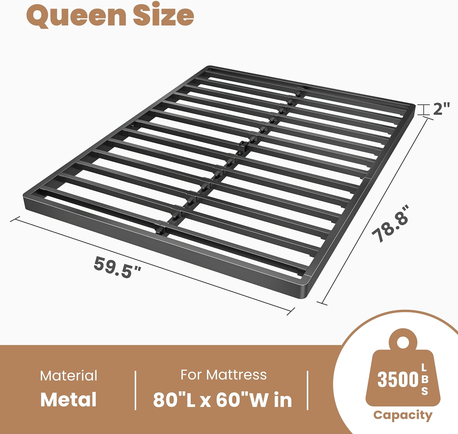 ROIL 2 Inch Queen Metal Box Spring Low Profile, Bunkie Board Bed Slat Replacement with Round Corners, 3500 lbs Capacity Heavy Duty Steel Slats, Easy Assembly, Noise Free