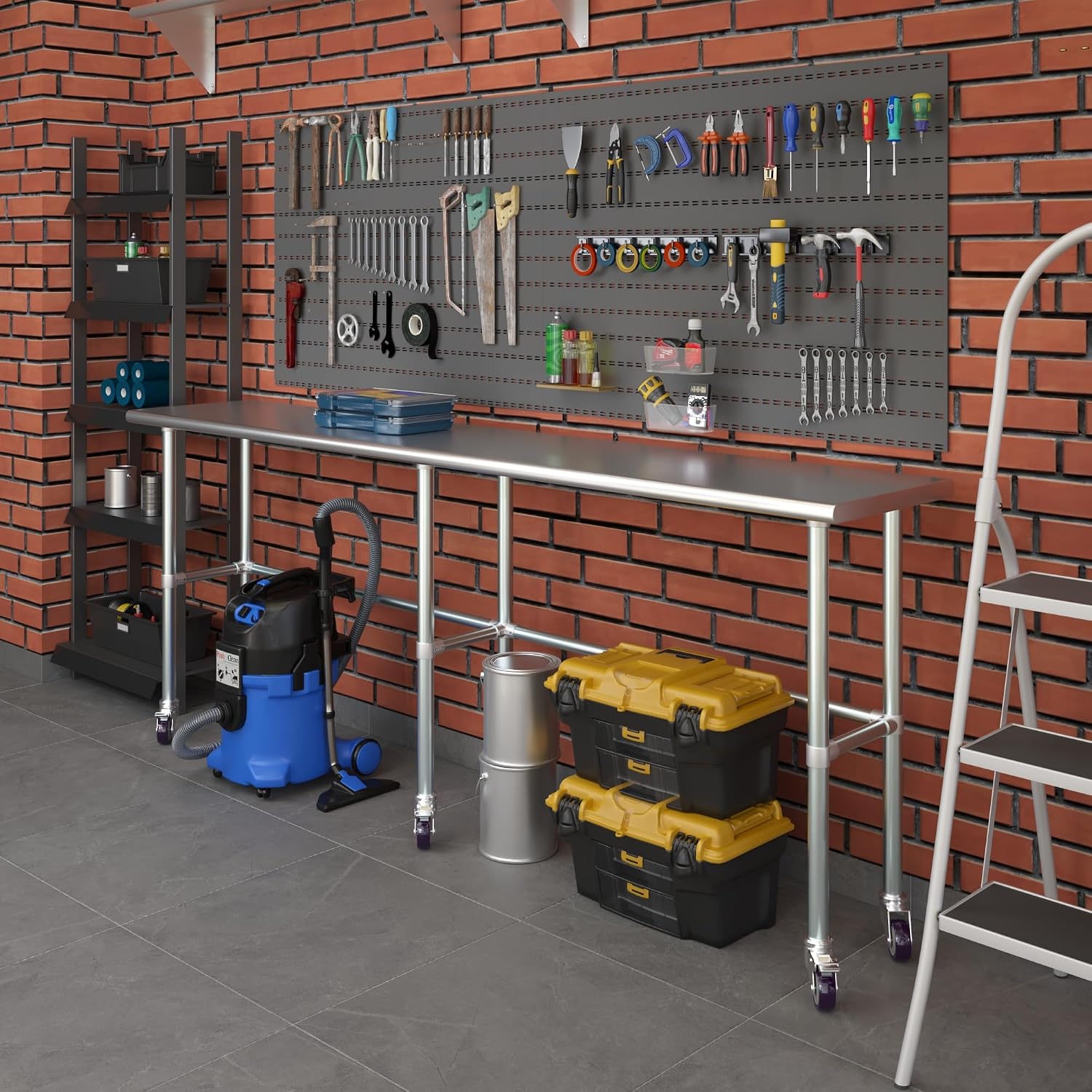 AmGood Stainless Steel Work Table Open Base & Wheels | Work Station | Metal Work Bench (Stainless Steel Work Table Open Base + Casters, 96' Long x 18' Deep)