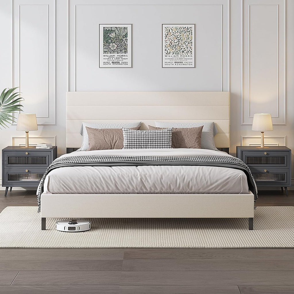 Furnihome Queen Bed Frame, Modern Upholstered Bed Frame with Adjustable Linen Headboard, Wooden Slats Support Platform Queen Size Bed Frames, No Box Spring Needed,Easy Assembly,Beige