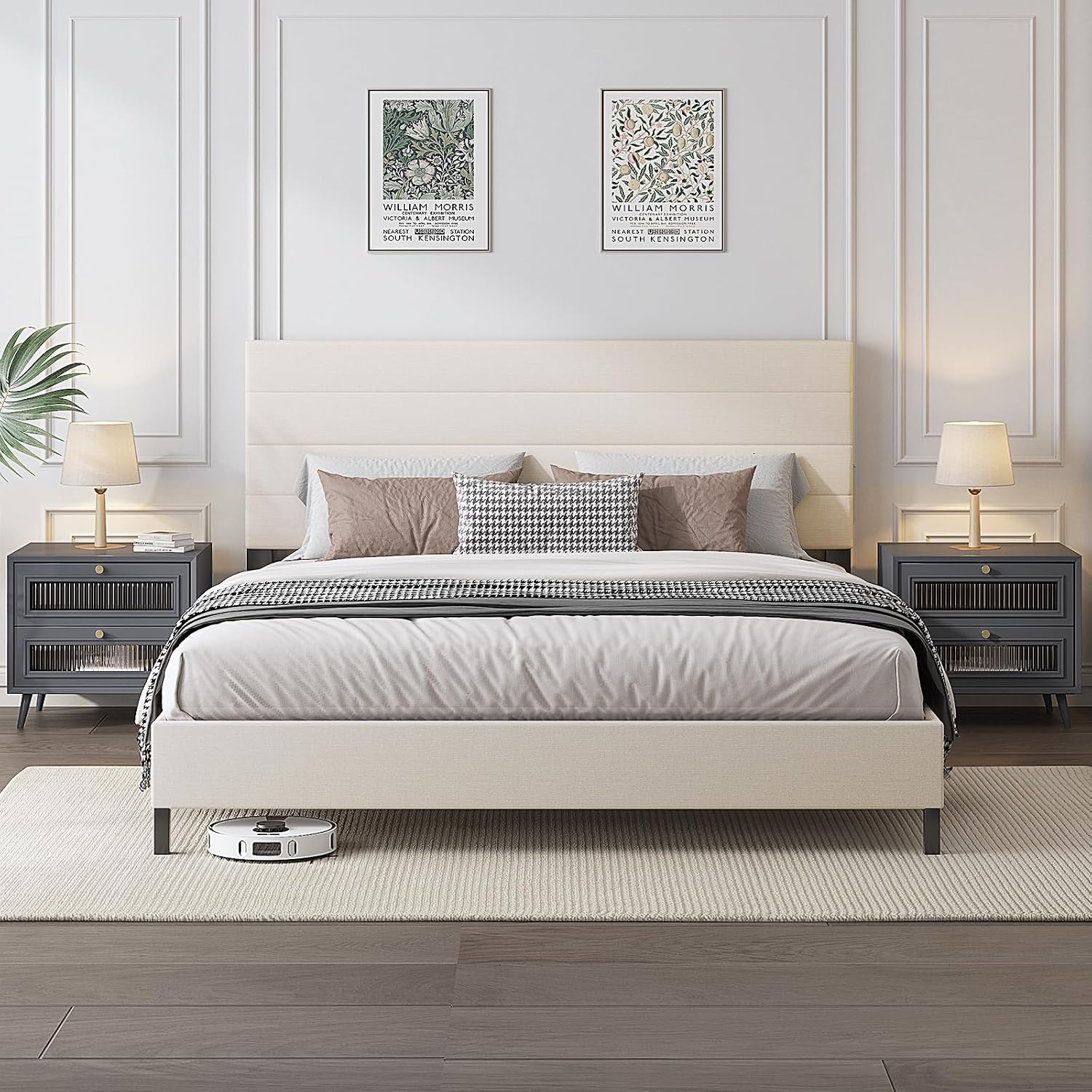 Furnihome Queen Bed Frame, Modern Upholstered Bed Frame with Adjustable Linen Headboard, Wooden Slats Support Platform Queen Size Bed Frames, No Box Spring Needed,Easy Assembly,Beige