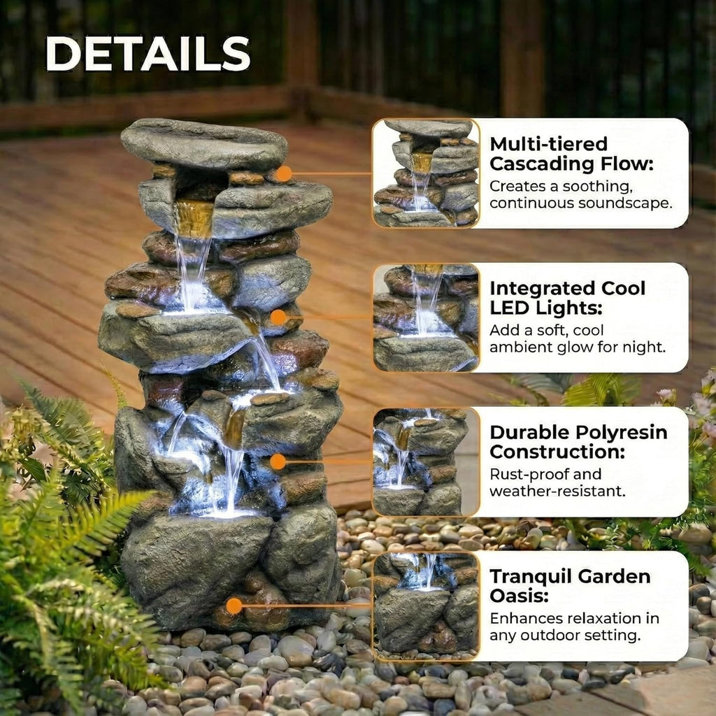 Outdoor Water Fountain Large - Stone Fountains with LED Light for Patio Yard Garden Backyard Decking Outdoor or Entryway Decor 30''