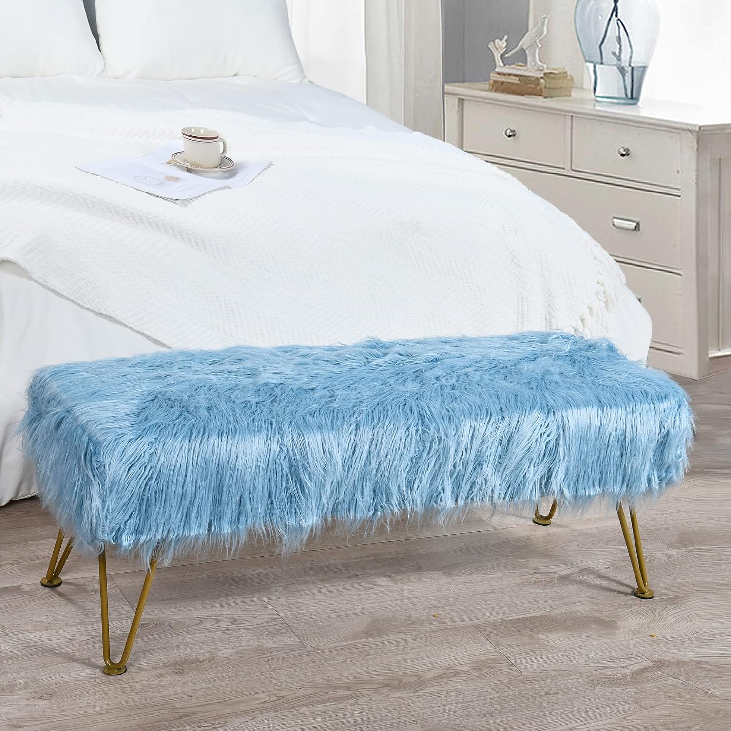 Blue Soft Plush Faux Fur Ottoman Entryway Bench Furry Footrest Stool 46'x16'x17' Sturdy Accent Long Bench for Bedroom End of Bed Vanity Closet Fuzzy Coffee Table for Living Room with Gold Legs