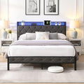 Full Size Bed Frame with Storage Headboard, Charging Station and LED Lights, Upholstered Platform Bed W/Heavy Metal Slats, Noise Free, No Box Spring Needed, Dark Gray