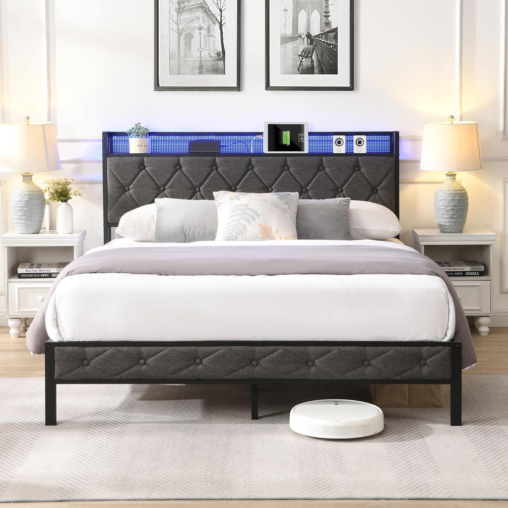 Queen Size Bed Frame with Storage Headboard, Charging Station and LED Lights, Upholstered Platform Bed W/Heavy Metal Slats, Noise Free, No Box Spring Needed, Dark Gray