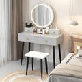 COSTWAY Vanity Table Set with Mirror and Lights, Makeup Dressing Table w/ 3 Color Lighting Modes & Adjustable Brightness, Vanity Mirror with Desk and Cushioned Stool for Women Girls (Grey & Black)
