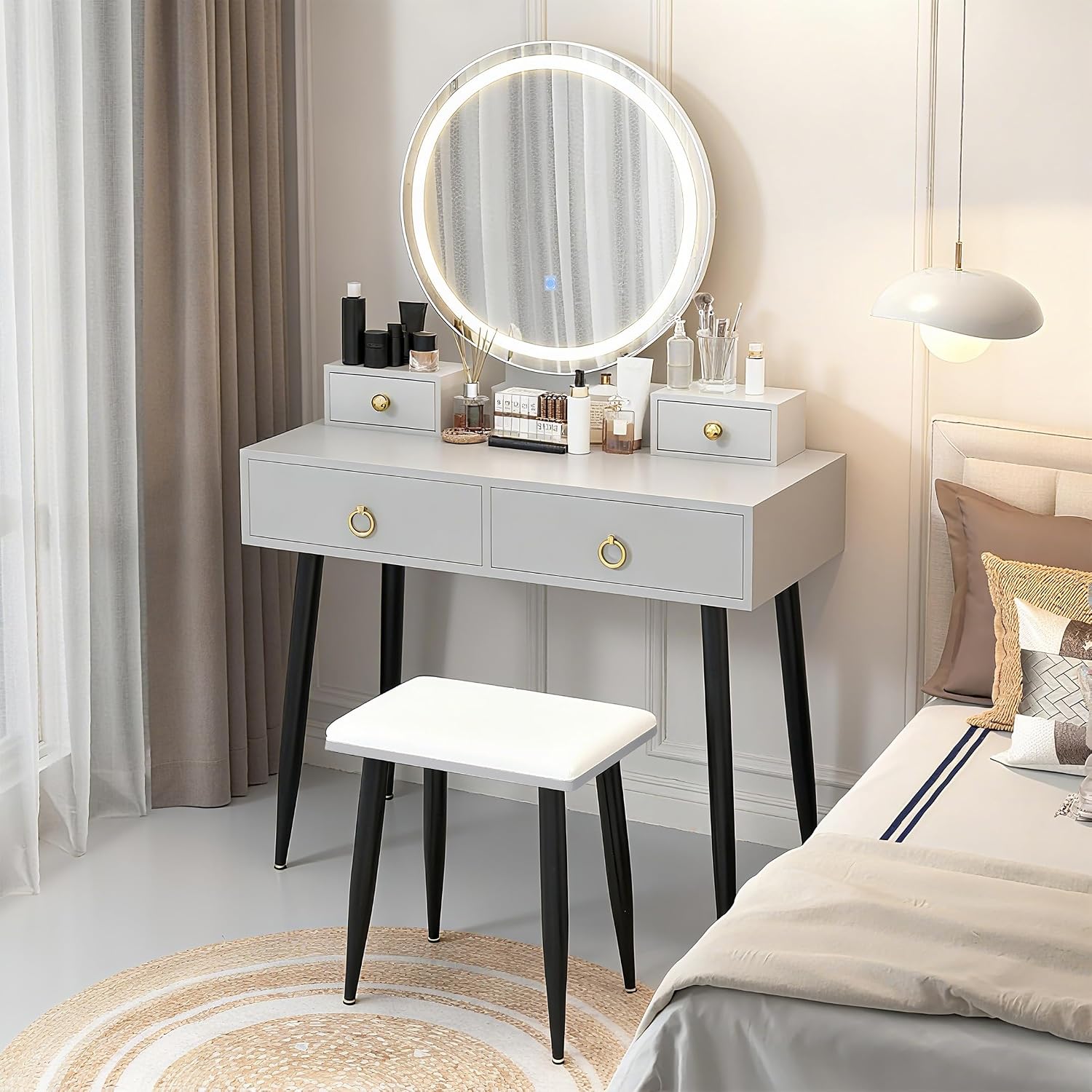 COSTWAY Vanity Table Set with Mirror and Lights, Makeup Dressing Table w/ 3 Color Lighting Modes & Adjustable Brightness, Vanity Mirror with Desk and Cushioned Stool for Women Girls (Grey & Black)