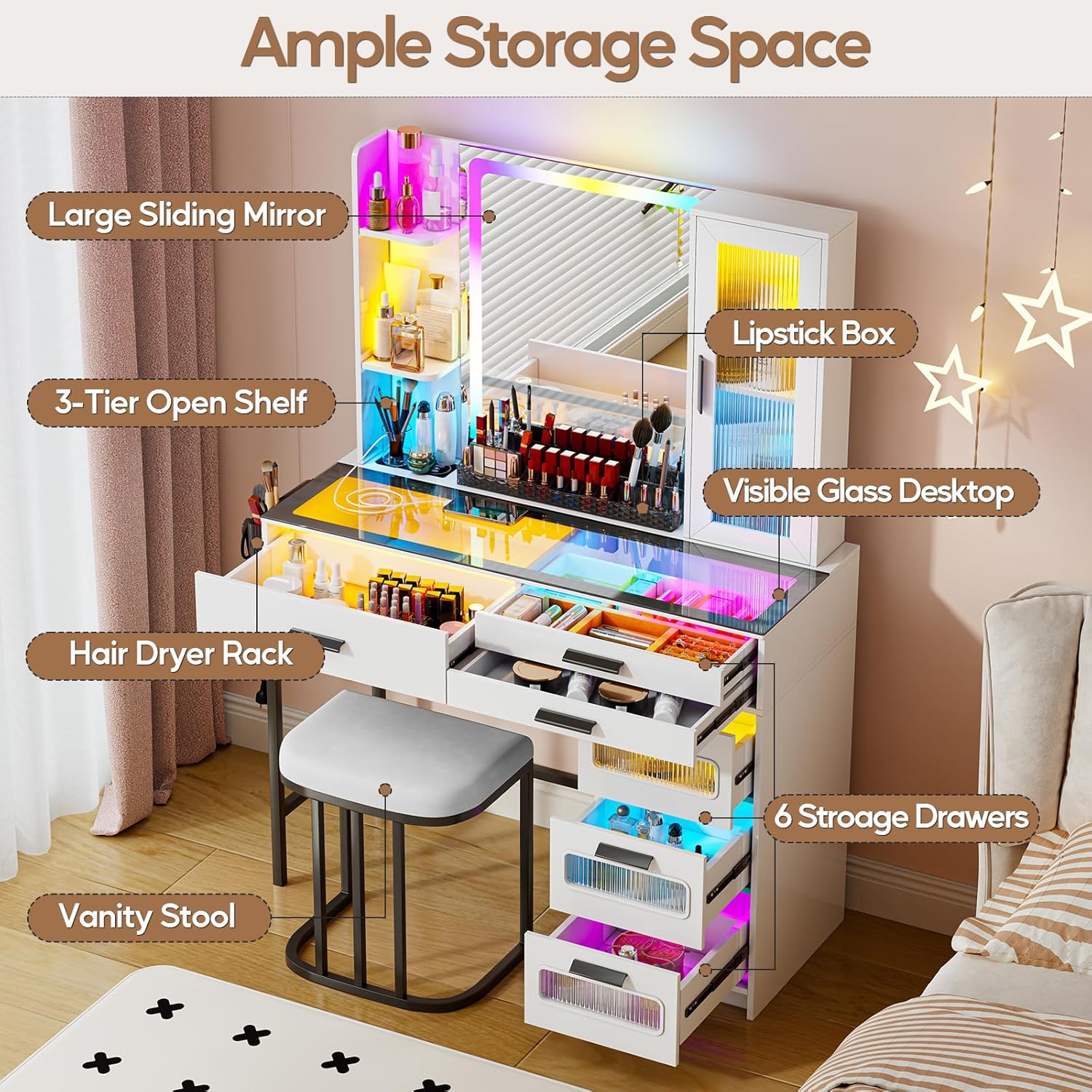 White Makeup Vanity Desk with Mirror and Lights,Vanity Table Set with Charging Station, Dressing Table with RGB Cabinets,Girls Vanity with Makeup Organizer and Drawers