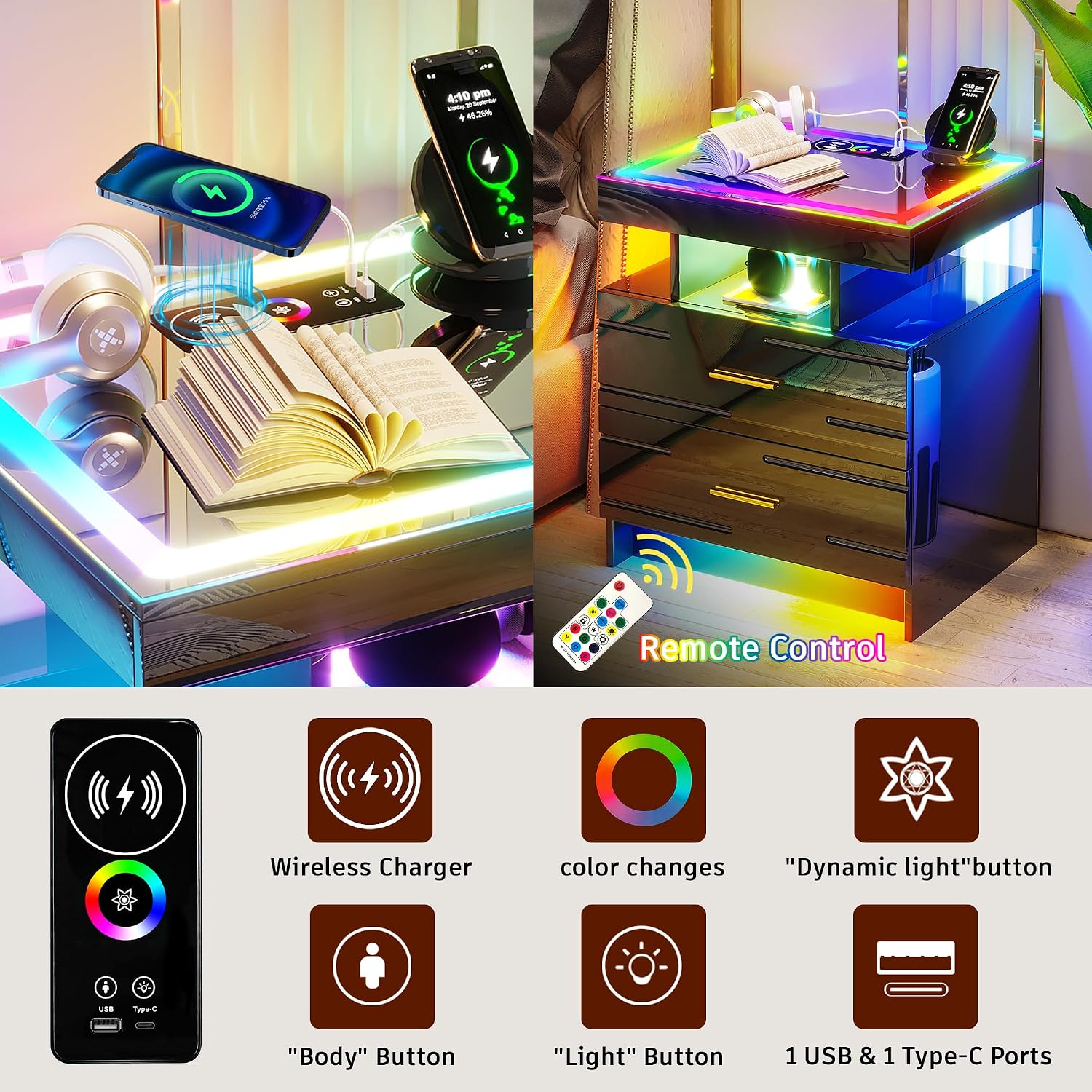 WOOVIVS Nightstand with 24 Colorful Lighst, LED Night Stand with Wireless+USB+Type-C Charging Station, Smart Bedside Table with 2 Drawer,Remote,High Gloss Side Table for Bedroom -Black