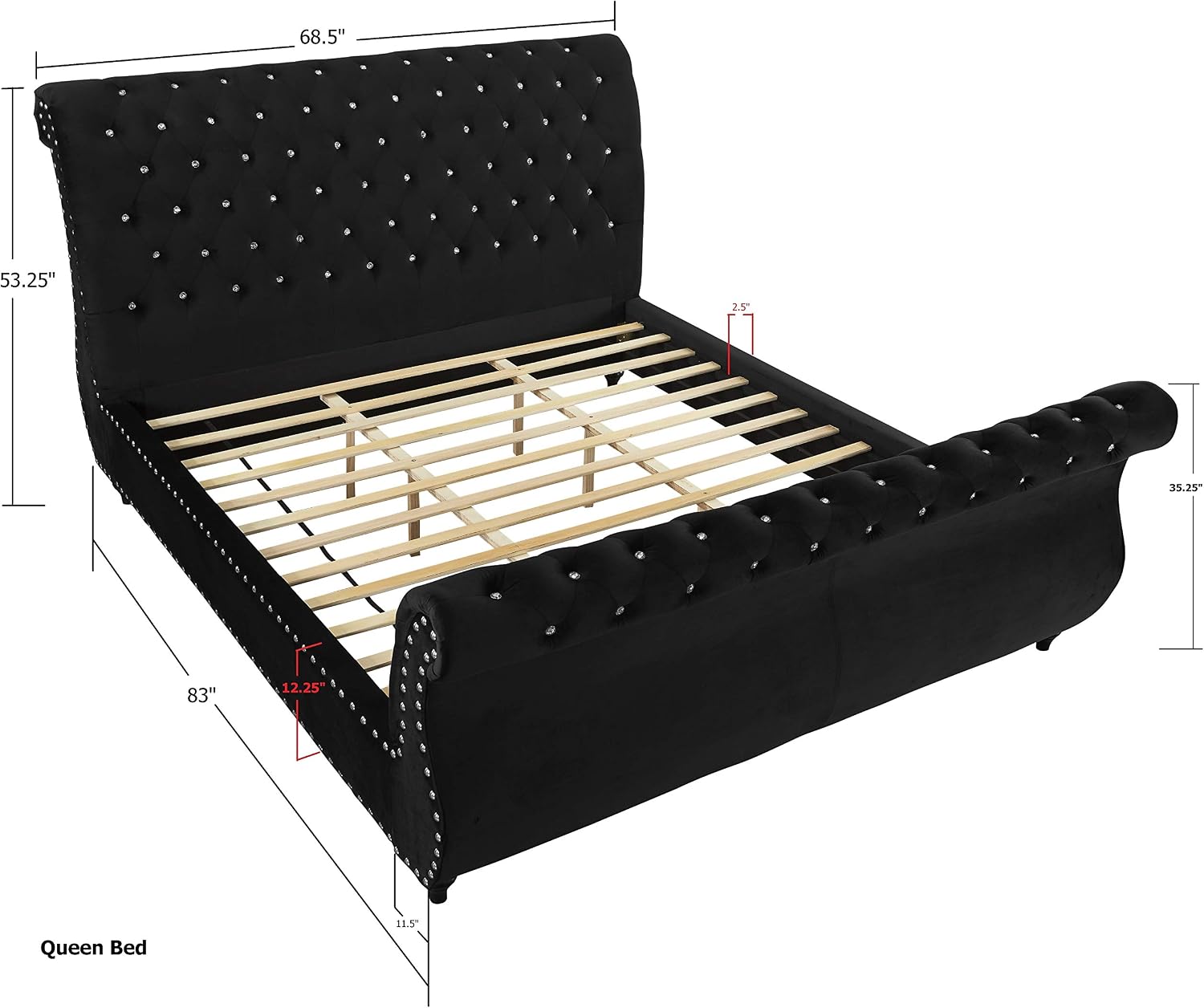 Evora Black Velvet Upholstered Crystal Button Tufted Sleigh Bed, Queen Size