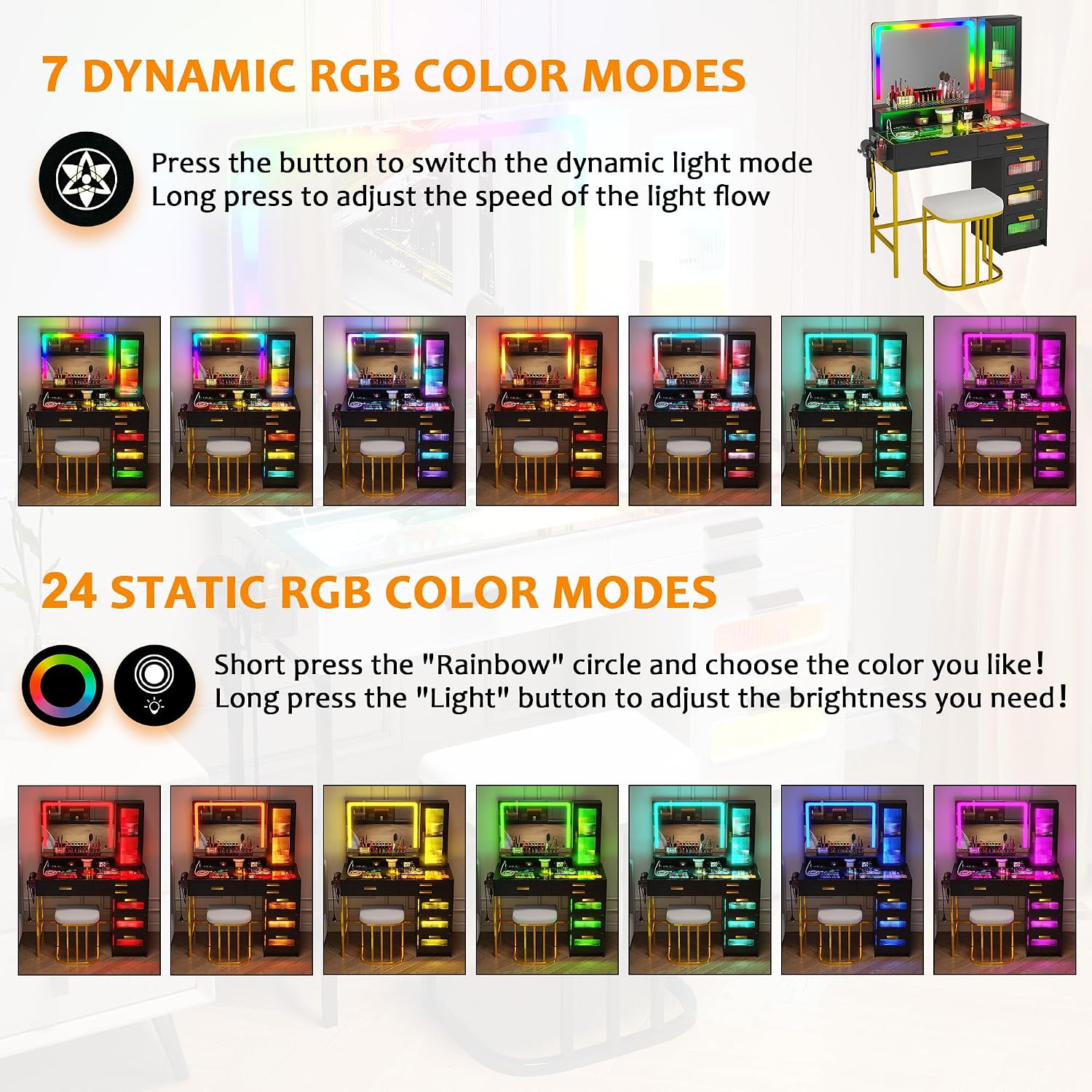 WOOVIVS Vanity with LED Mirror, Makeup Desk with 24 RGB Atuo Lighted Drawers for Bedroom, Glass Top Vanities Table Set with Wireless Charging Station, Chair,Jewelry Organizer for Girls/Women (Black)