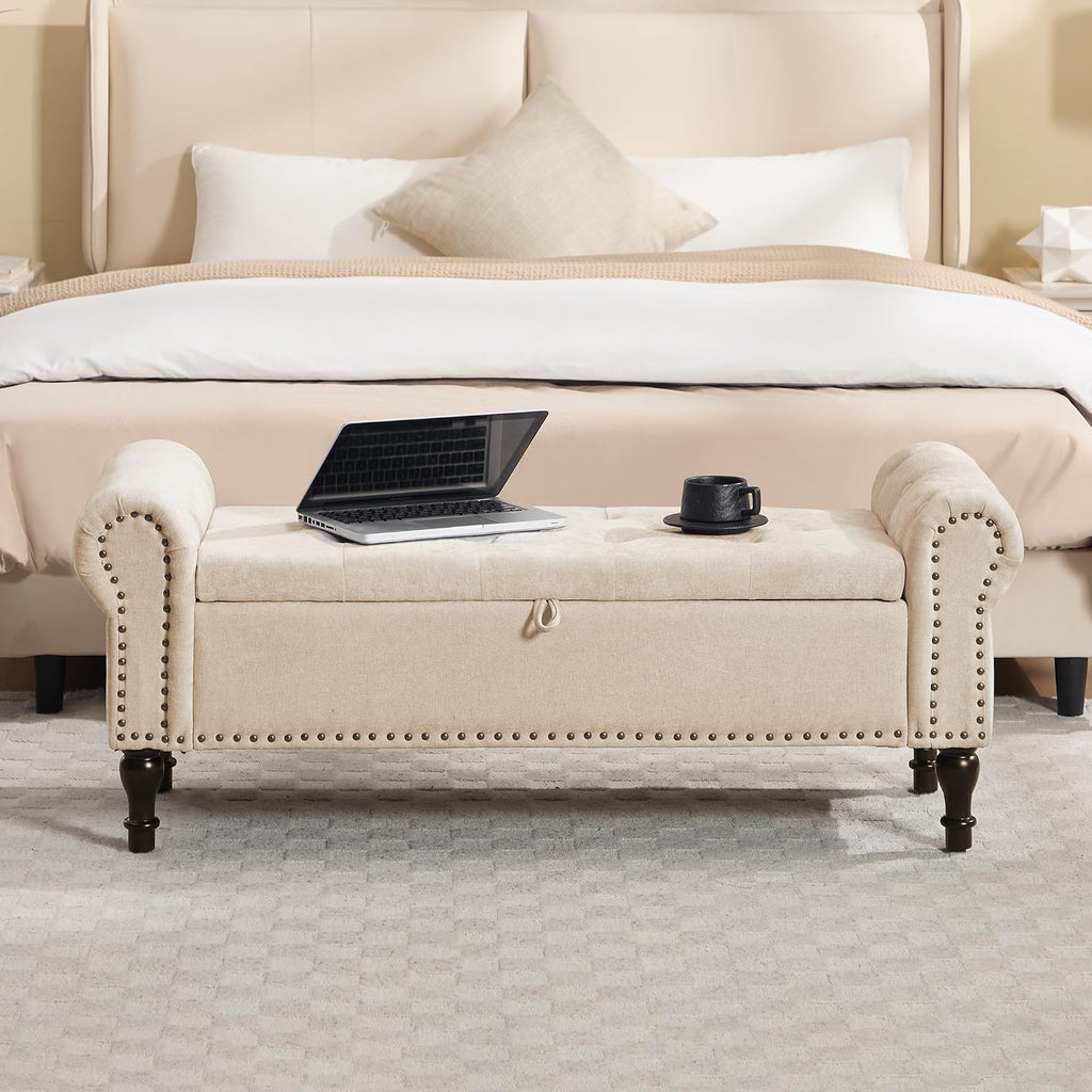 51' Storage Bench for Bedroom, Chenille End of Bed Bench, Queen Size Bench with Rolled Arms, Tufted Storage Ottoman Benches, Upholstered Bench for Bedroom, Living Room, Entryway, Camel