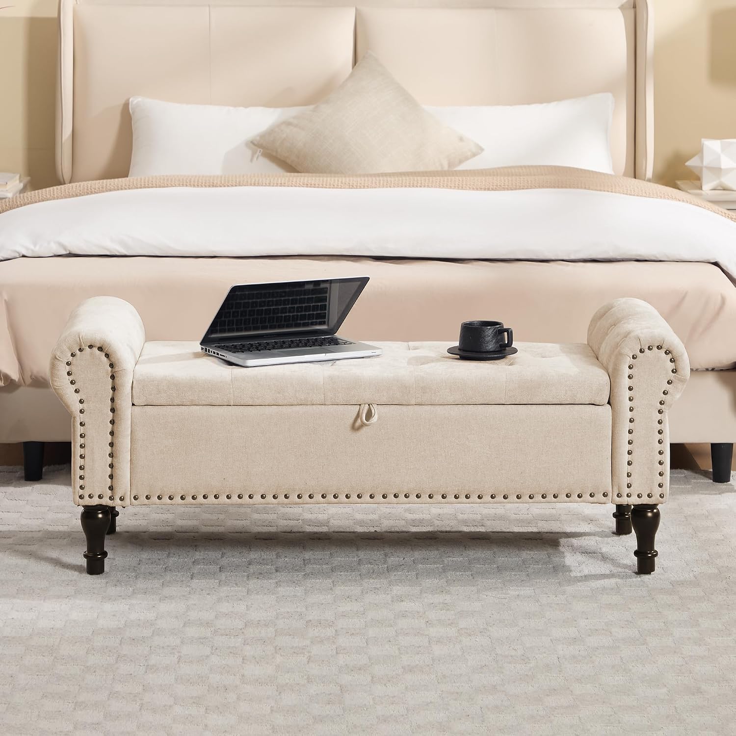 51' Storage Bench for Bedroom, Chenille End of Bed Bench, Queen Size Bench with Rolled Arms, Tufted Storage Ottoman Benches, Upholstered Bench for Bedroom, Living Room, Entryway, Camel
