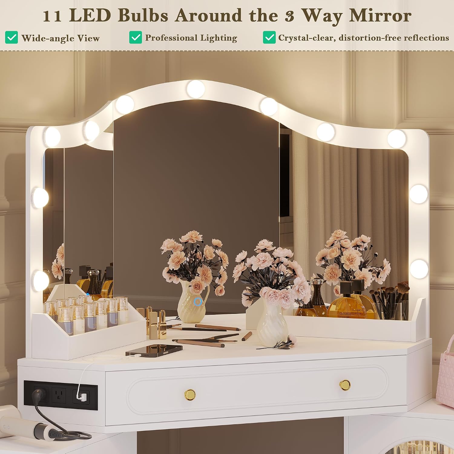 Corner Vanity Desk with 3 Way Mirror & LED Lights, Makeup Table Set with Charging Station, Storage Drawers & Side Cabinets, Modern Bedroom Dressing Table for Women & Girls Birthday Gift
