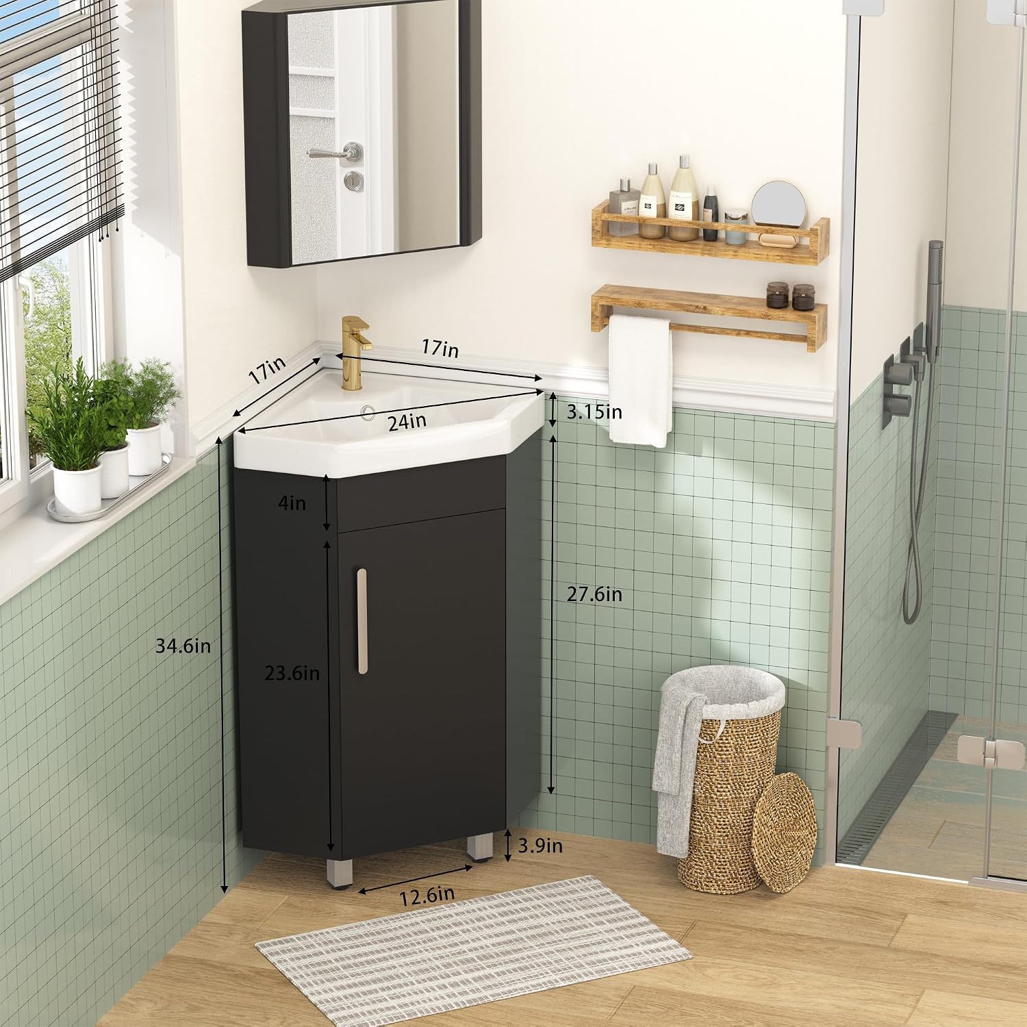 Findepot 24' Corner Bathroom Vanity Sink for Small Space Freestanding Compact Space Bathroom Storage Cabinet with White Ceramic Sink & Adjustable Shelf, Black