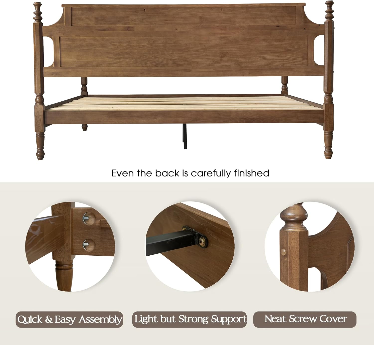 Solid Wood King Size Bed Frame with Headboard & Footboard, Platform Bed, Central Metal Legs, 12 Sturdy Slats, Under Bed Storage, Easy Assembly, Noise-Free & Anti-Slip, Barnwood Finish, ROK-30