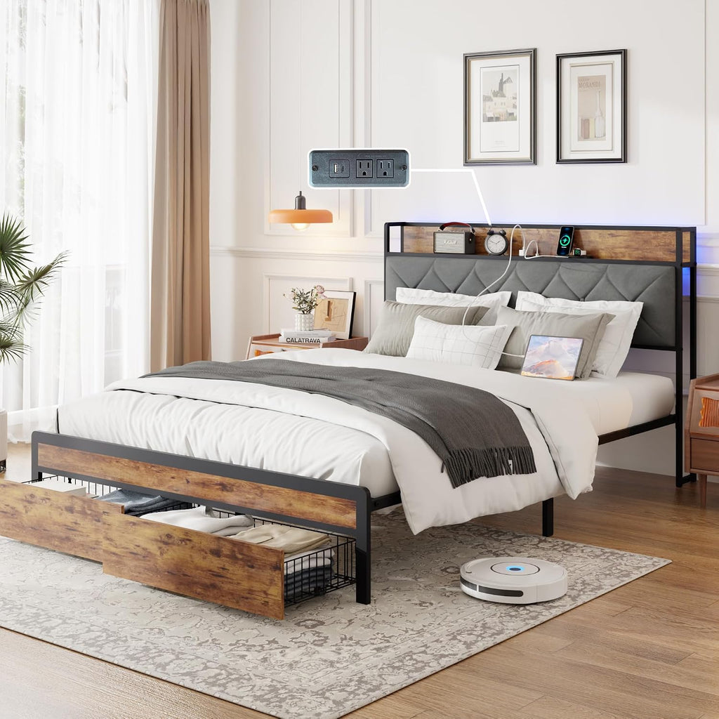 Full Size Metal Platform Bed Frame with Velvet Button-Tufted Headboard, 2 Storage Drawers, LED Light & USB Charging Port, Heavy Duty, Brown Wooden Panel, No Box Spring Needed (Brown, Full)