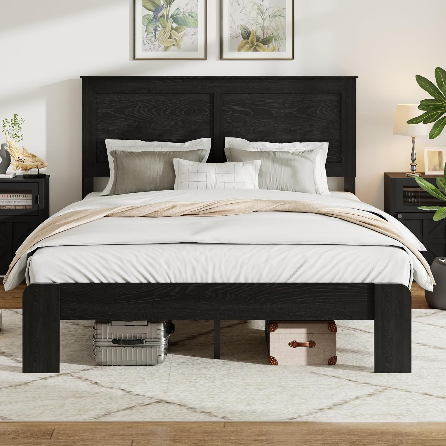 QNICE Wooden Bed Frame Queen Size with Headboard - Farmhouse Platform Bed Frame, Wood Slat Support, No Box Spring Needed & Easy Assembly with Large Under Bed Storage (Rustic Black)