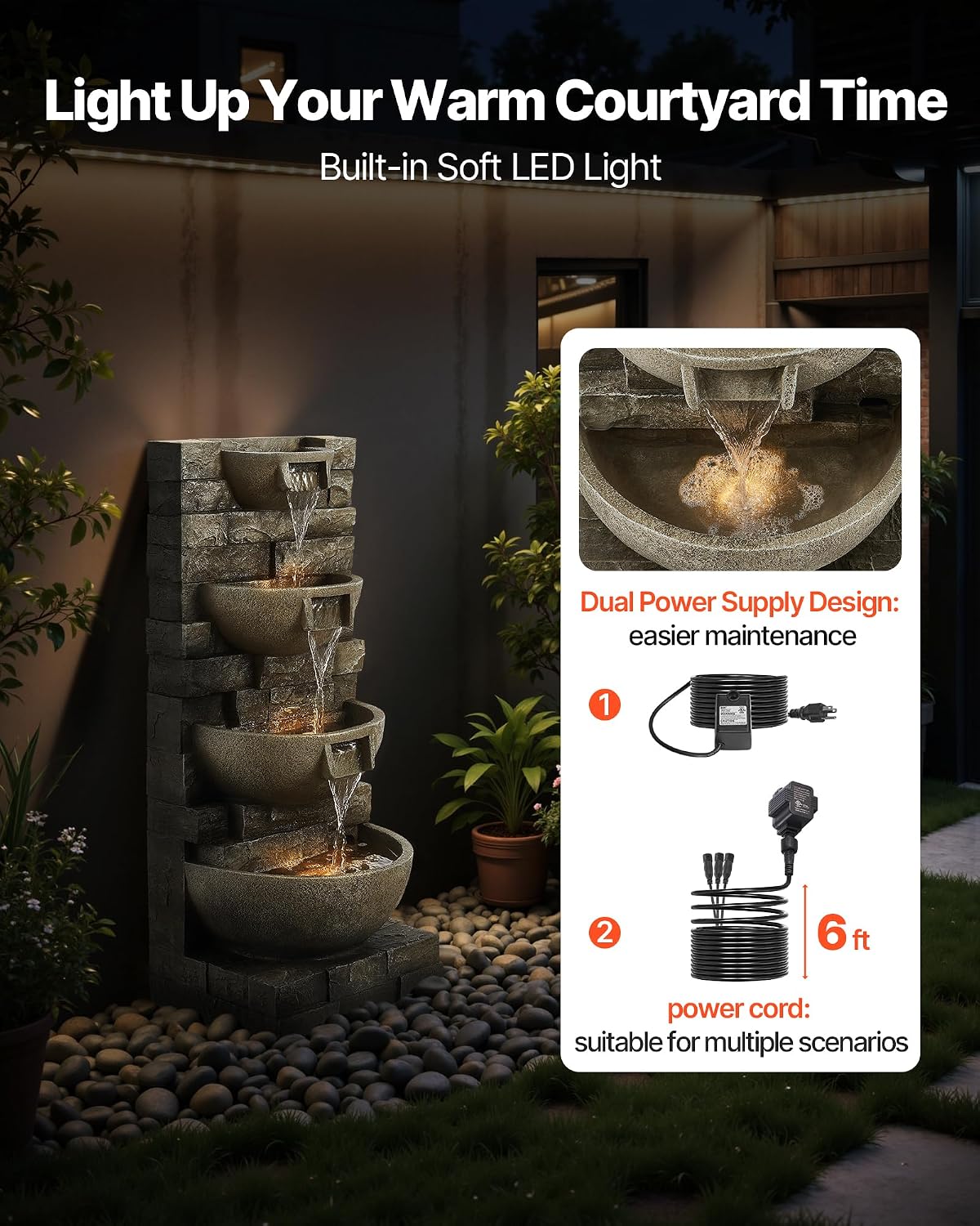 VEVOR Outdoor Water Fountain, 35.63 in Height Fountain and Waterfall, 4-Tier Floor Standing Cascading Fountains with LED Light and Pump, Block Stack Style, for Outdoor Indoor Garden, Patio & Backyard