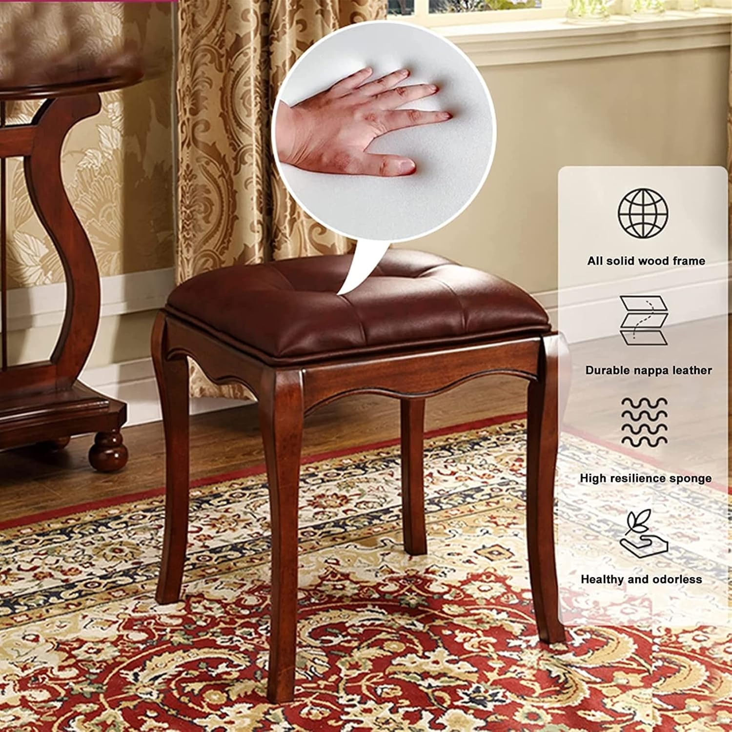Vanity Bench with Padded Cushion, Vanity Chair Wooden Dressing Stool Piano Stool Guzheng Stool Simple Dining Stool Rubber Wood Frame(Brown)