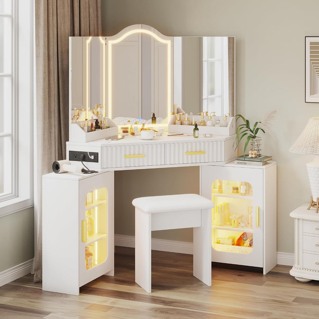 Corner Vanity Desk with 3 Way Mirror & LED Lights, Makeup Table Set with Charging Station, Storage Drawers & Side Cabinets, Modern Bedroom Dressing Table for Women & Girls Birthday Gift