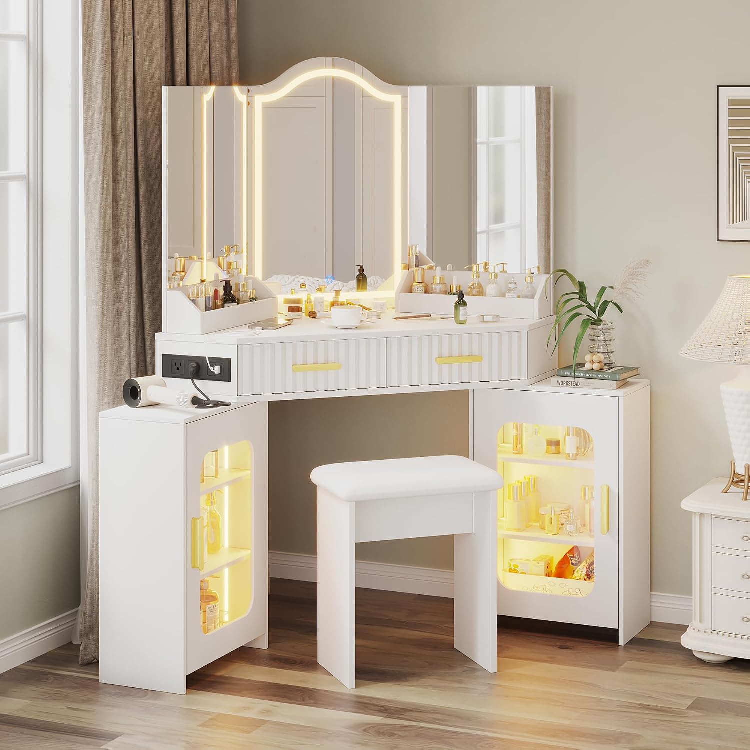Corner Vanity Desk with 3 Way Mirror & LED Lights, Makeup Table Set with Charging Station, Storage Drawers & Side Cabinets, Modern Bedroom Dressing Table for Women & Girls Birthday Gift