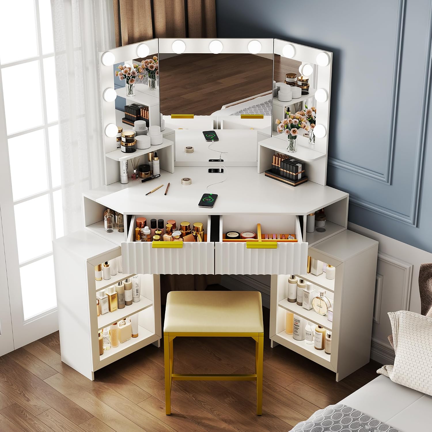Vanity Desk with LED Lights Mirror & Power Outlet – Corner Design, Makeup Vanity Table Set with Storage Drawers & Chair, 3 Lighting Modes for Living Room/Bedroom, Ideal for Gift (White)