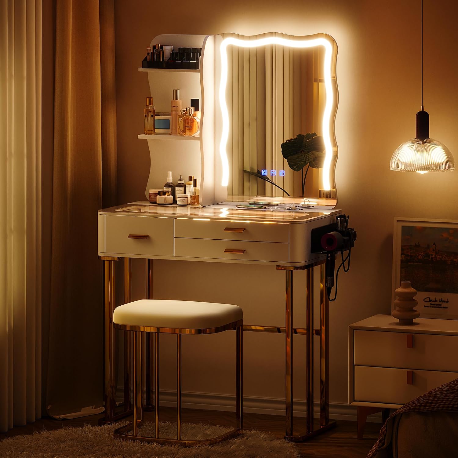 Lvifur RGB Small Vanity Desk with 7 Dynamic & 7 Static Lights, Glass Top Vanity Table with Wireless Charging Station, Make up Vanity Set with Mirror and Cushioned Stool, Gift for Little Girls