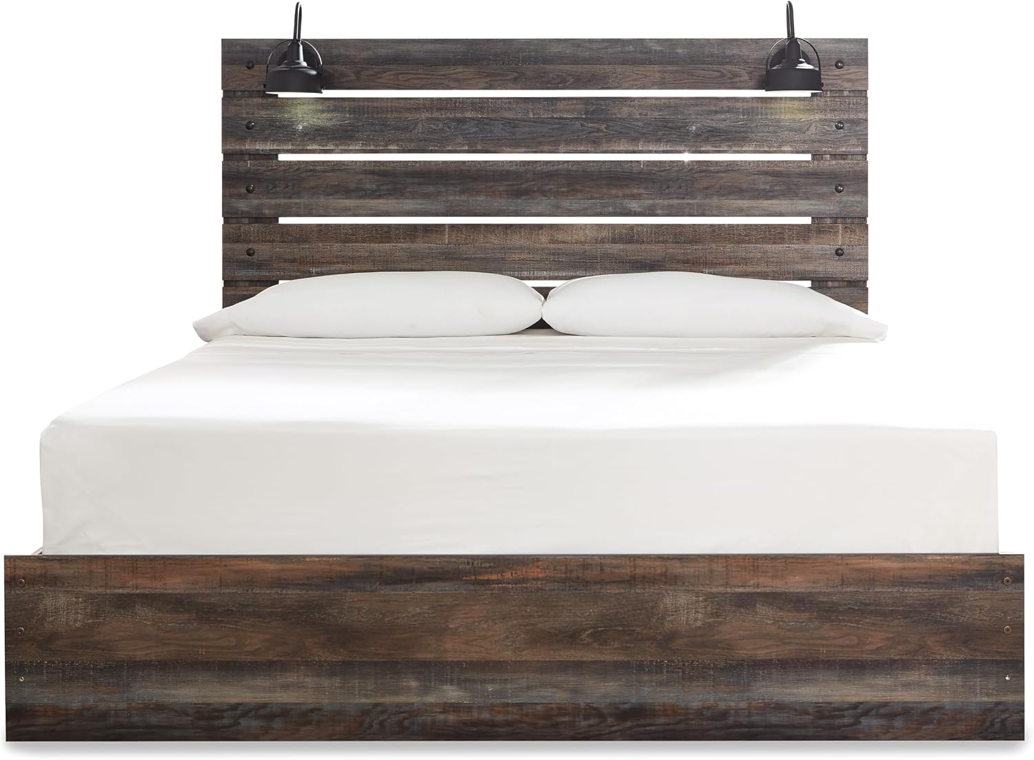 Signature Design by Ashley Drystan Rustic King Panel Bed with Sconce LED Lights, USB Ports and Nailheads, Foundation or Box Spring Needed, Dark Brown & Gray