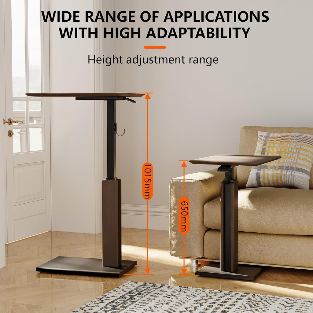 ETHU Overbed Table with Pneumatic Lift, 26.4-39.8 Inch Height Adjustable Bed Table with Magnetic Hook, Ultra-Thin Base Mobile Desk for Hospital, Home Office and Sofa Use, 44 LBS Capacity, Brown