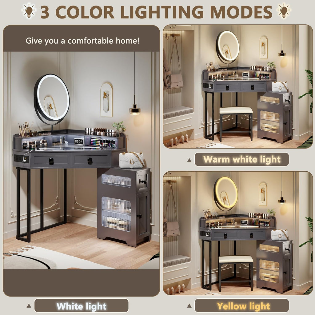FREDEES Corner Vanity with Mirror and Lights,Modern Makeup Vanity Set with Power Outlet,Large Storage Dressing Table with Drawers and Shelves for Women/Girls,Grey