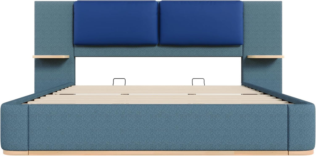 Luxury Bed Frame with Nightstands Modern Bedroom Set, Blue King Size Floor Platform Bed with Oversize Soft Upholstered Tall Headboard Bedframe, No Box Spring Needed (Blue, King)